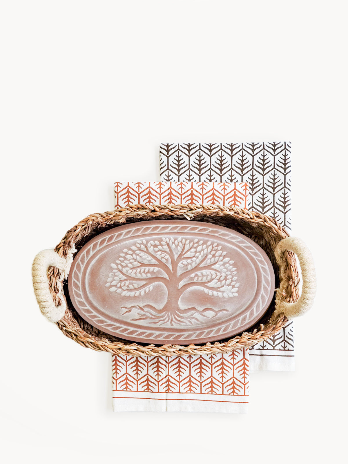 Korissa Bread Warmer Basket Gift Set with dark chevron tea towel, front view