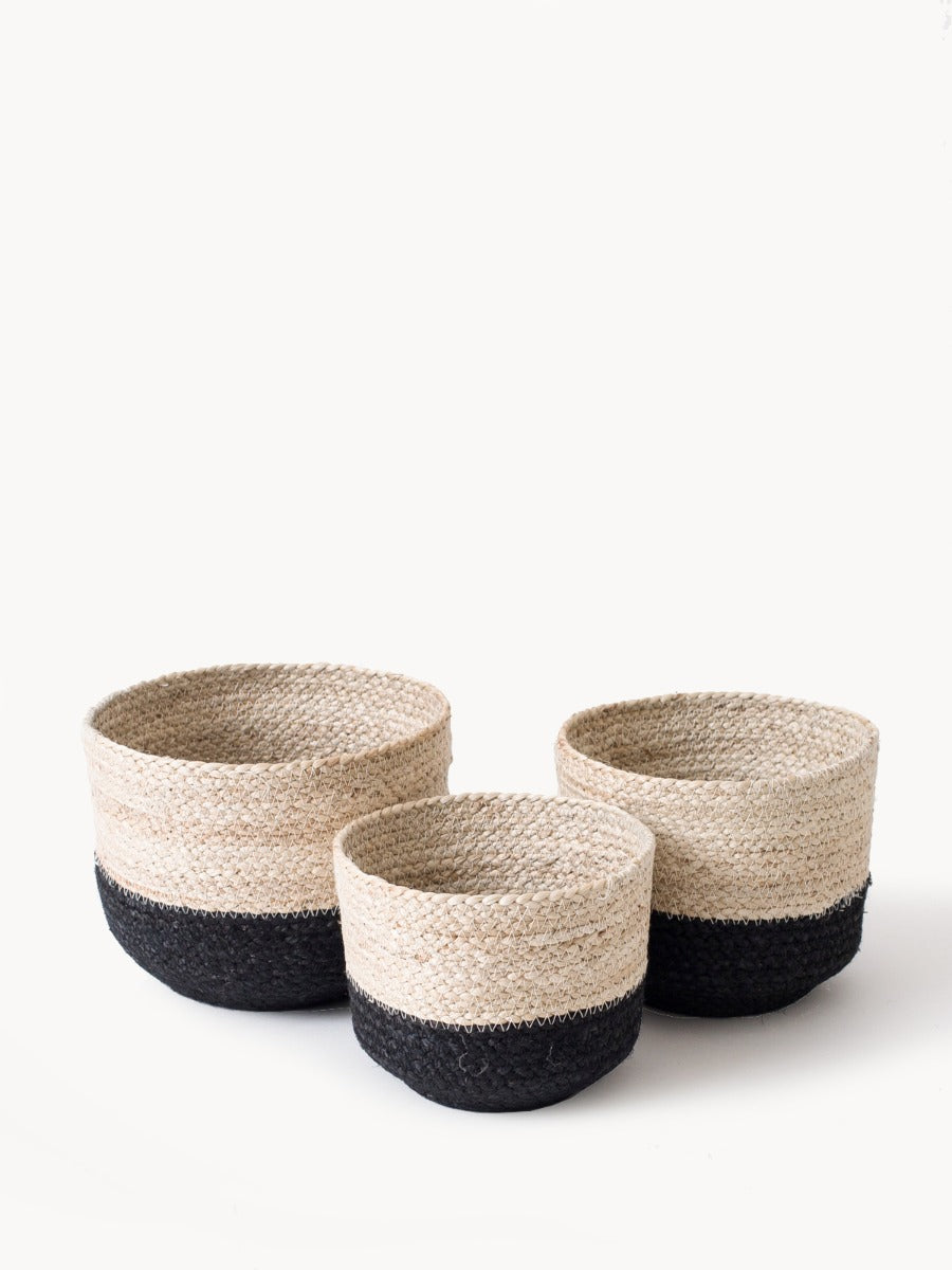Korissa Naiya Bin, natural and black two-tone jute, three nested sizes, white background