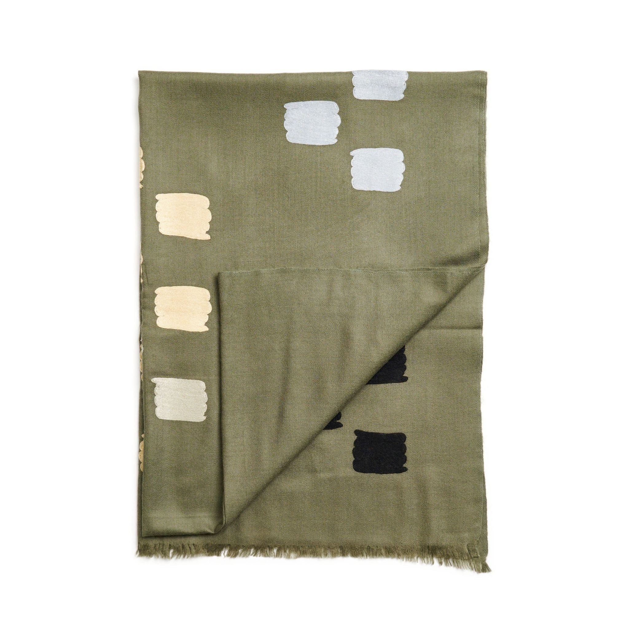 Sahara Olive Green Silk Merino Hand Woven Hand Embroidered Scarf