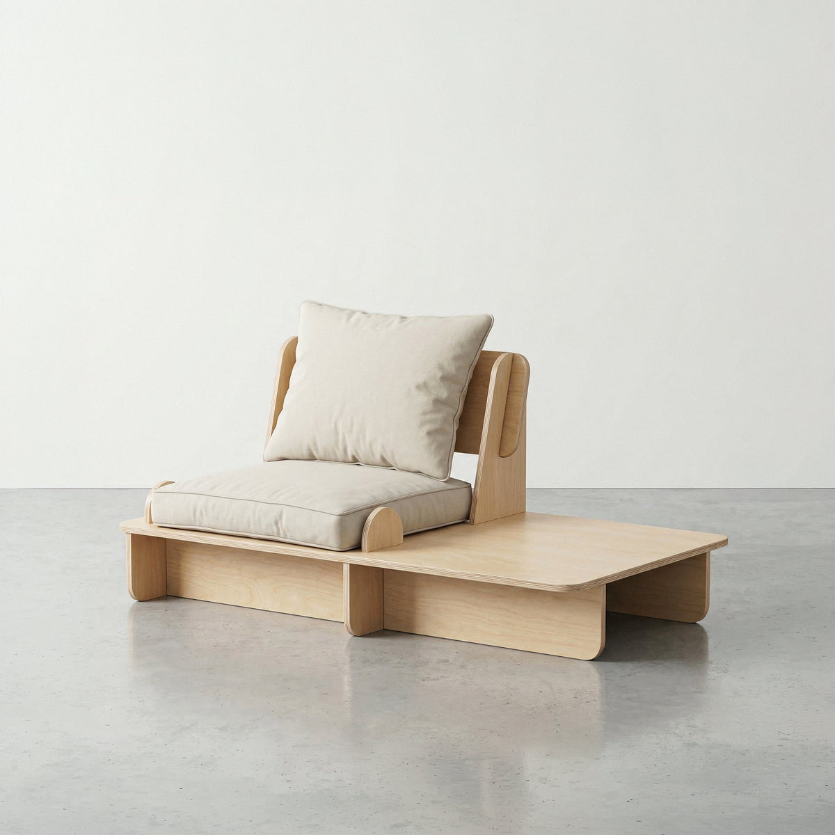 Franklin single low seater with white cushions and a wide natural wood side platform, displayed on a concrete floor