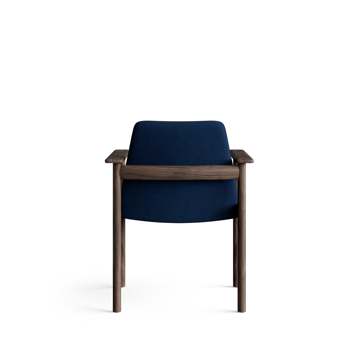 Rear view of the blue Eikund Ry Arm Chair, showing a smooth upholstered back crossed by a horizontal dark wood rail beneath the armrests.