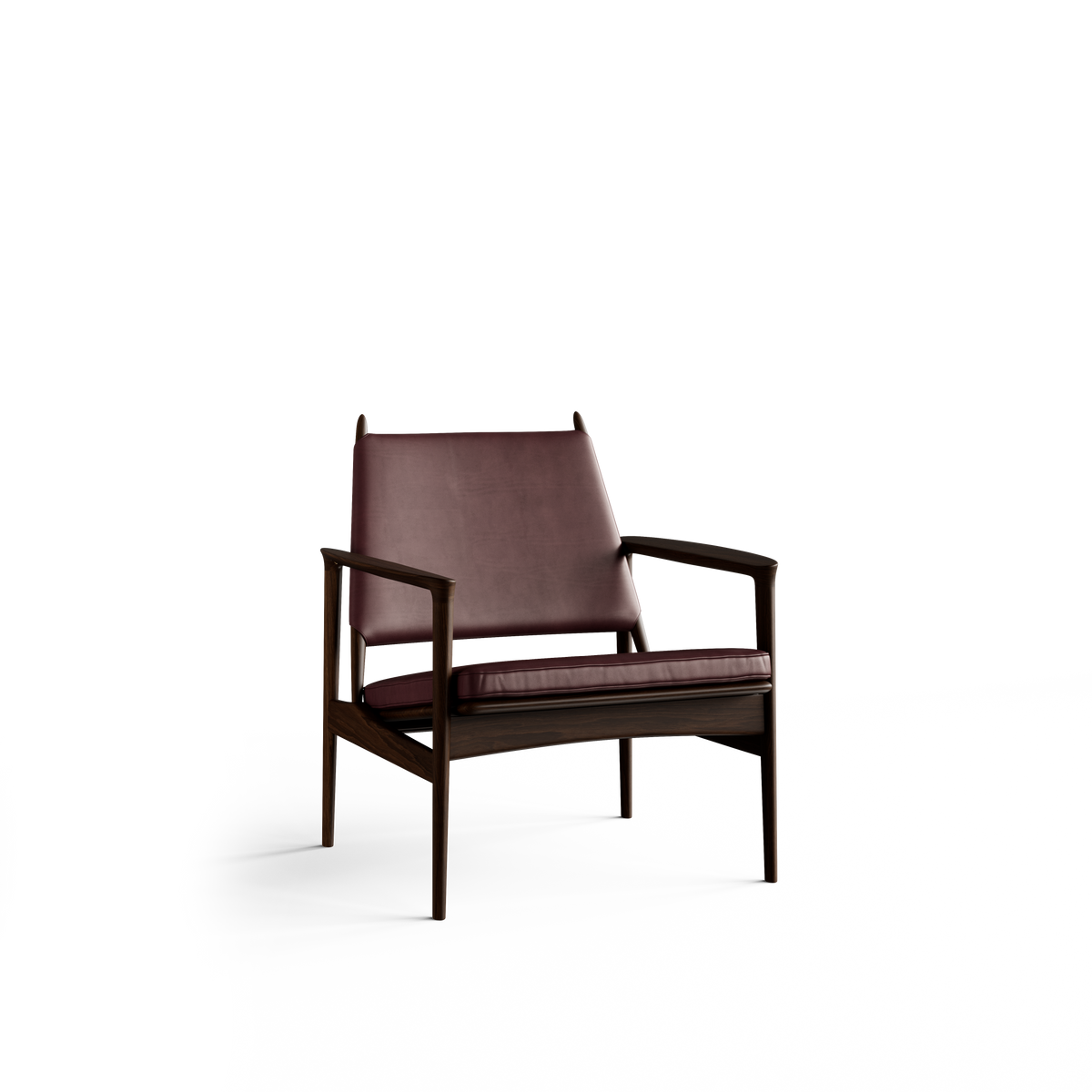 Three-quarter front view of the Eikund Broadway Lounge Chair with reddish-brown leather upholstery and a dark wood frame, showing a sloping backrest, slim seat cushion, angular armrests, and four slender legs.