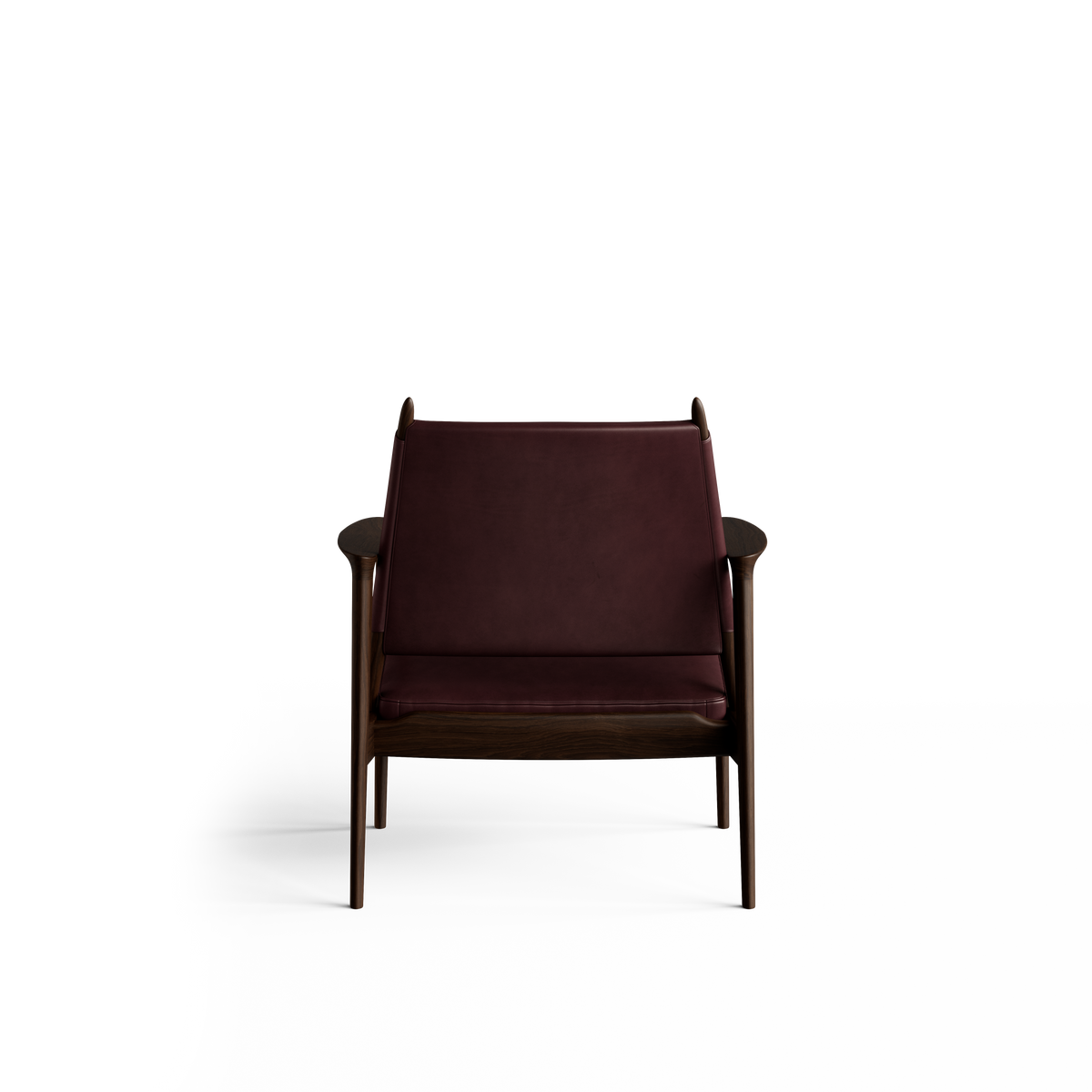 Rear view of the reddish-brown Eikund Broadway Lounge Chair, showing the broad leather back panel between dark wood uprights, curved armrest ends, and exposed lower frame.