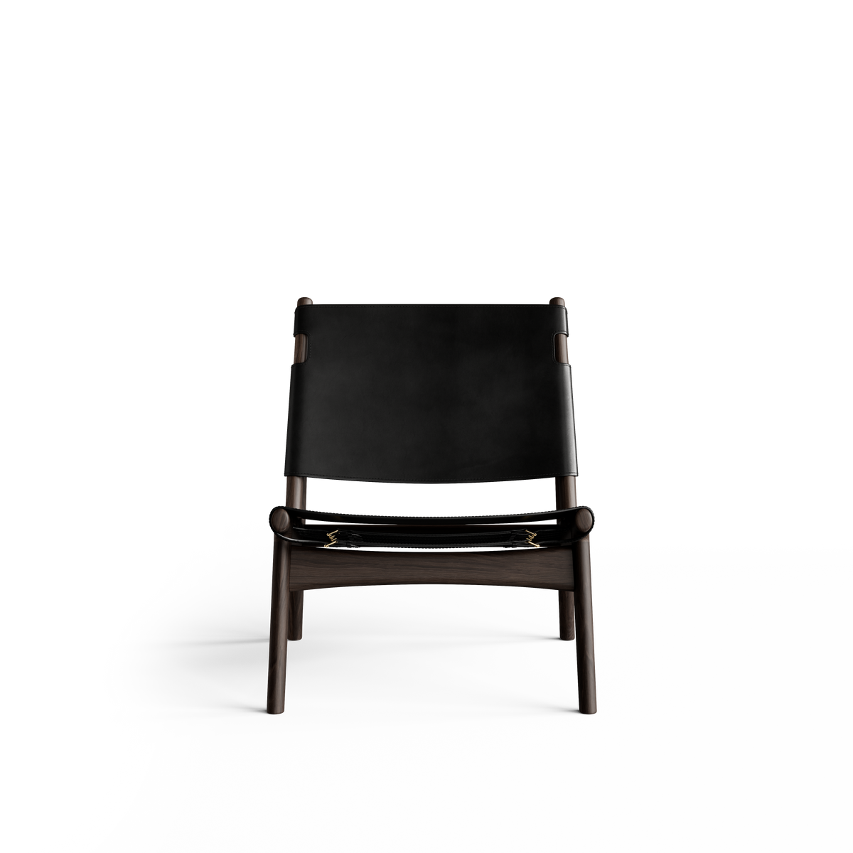 Front view of the Eikund Hunter Lounge Chair with black leather panels, showing the broad rectangular backrest, low suspended seat, curved front rail, and dark wood legs.