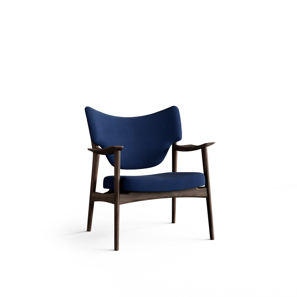 Three-quarter front view of the Eikund Veng Lounge Chair with deep blue upholstery and a dark brown wood frame, showing a broad wing-shaped backrest, separate padded seat, sculpted armrests, and slender tapered legs.