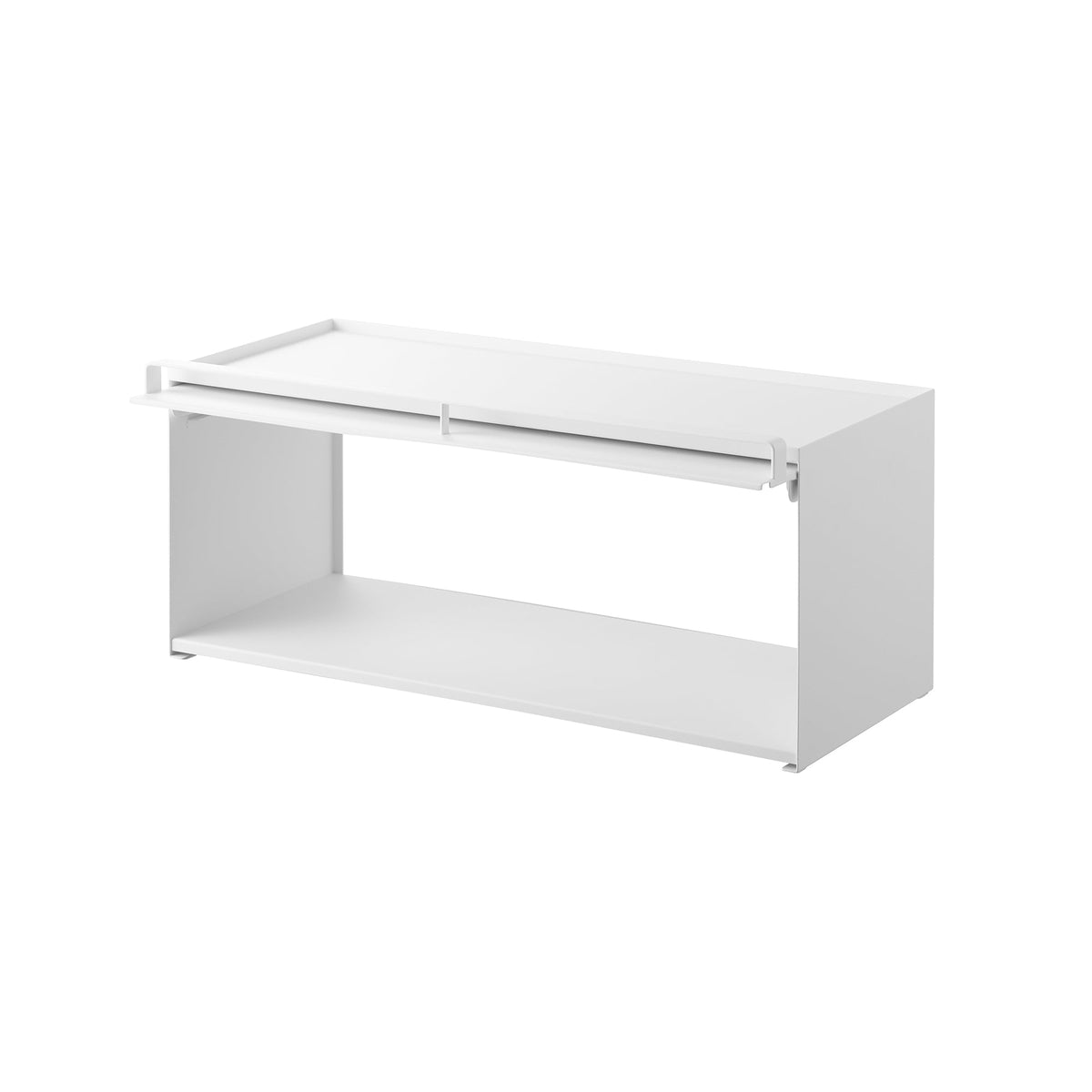 Empty white Yamazaki Home Open-Back Countertop Storage Rack - Steel with the front panel raised beneath the top, revealing the open rectangular compartment, flat base and solid side walls.