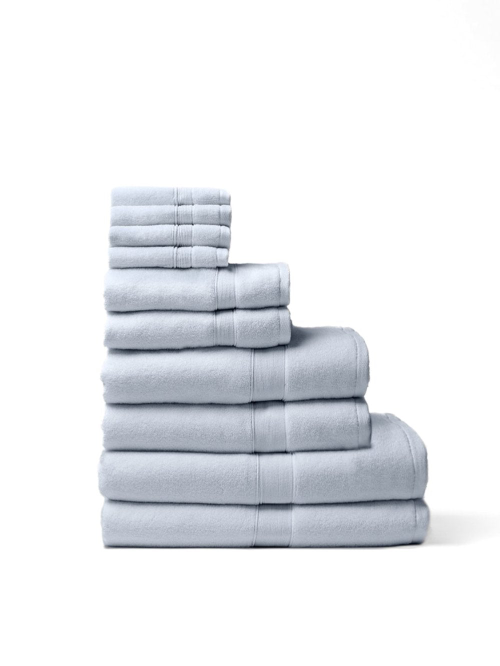 Pale blue towels stacked by size on a white background, from small washcloths at the top to large folded towels at the bottom.