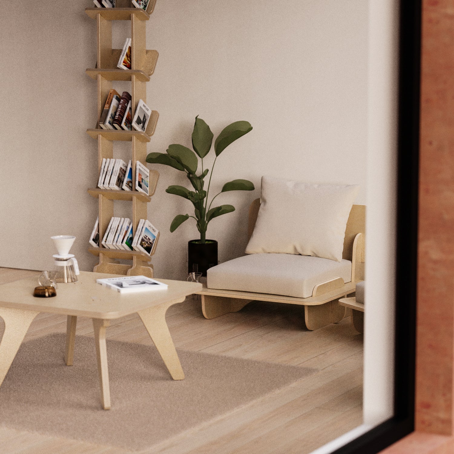 Franklin single low seater with white cushions beside a matching wood coffee table, tall bookcase and leafy plant
