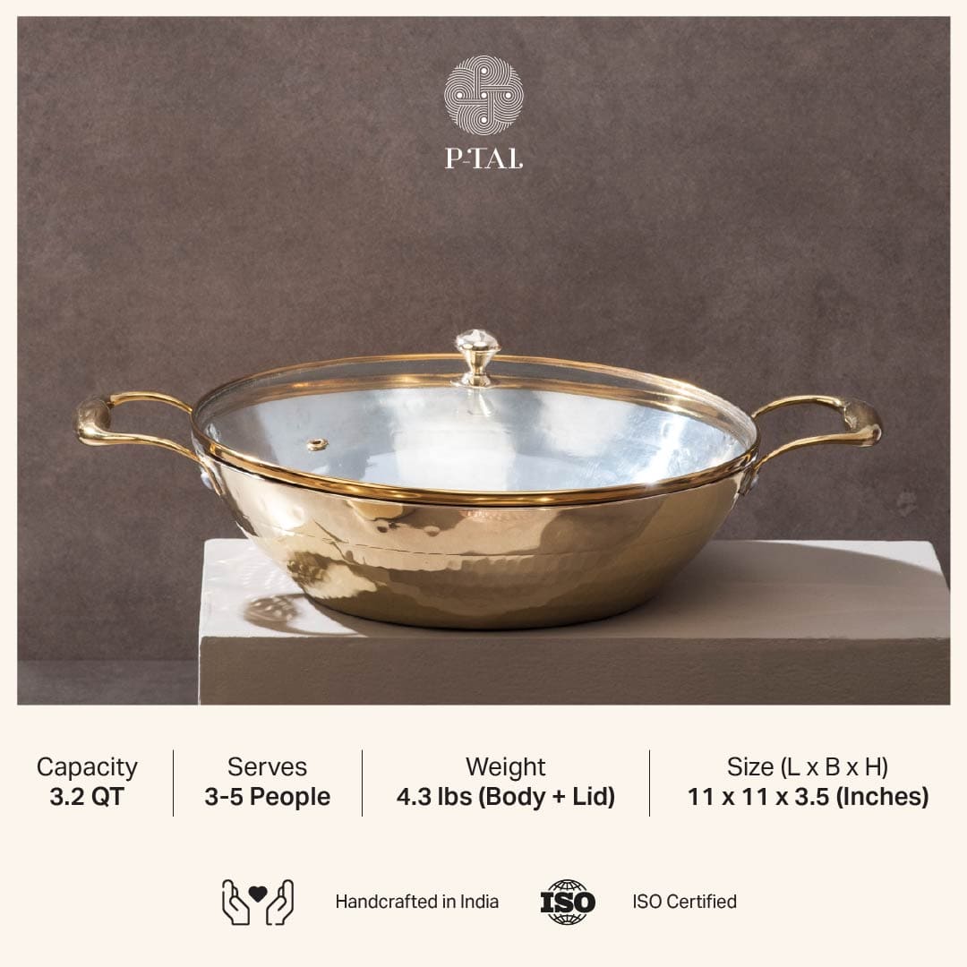 Brass Flat Base Wok with Glass lid