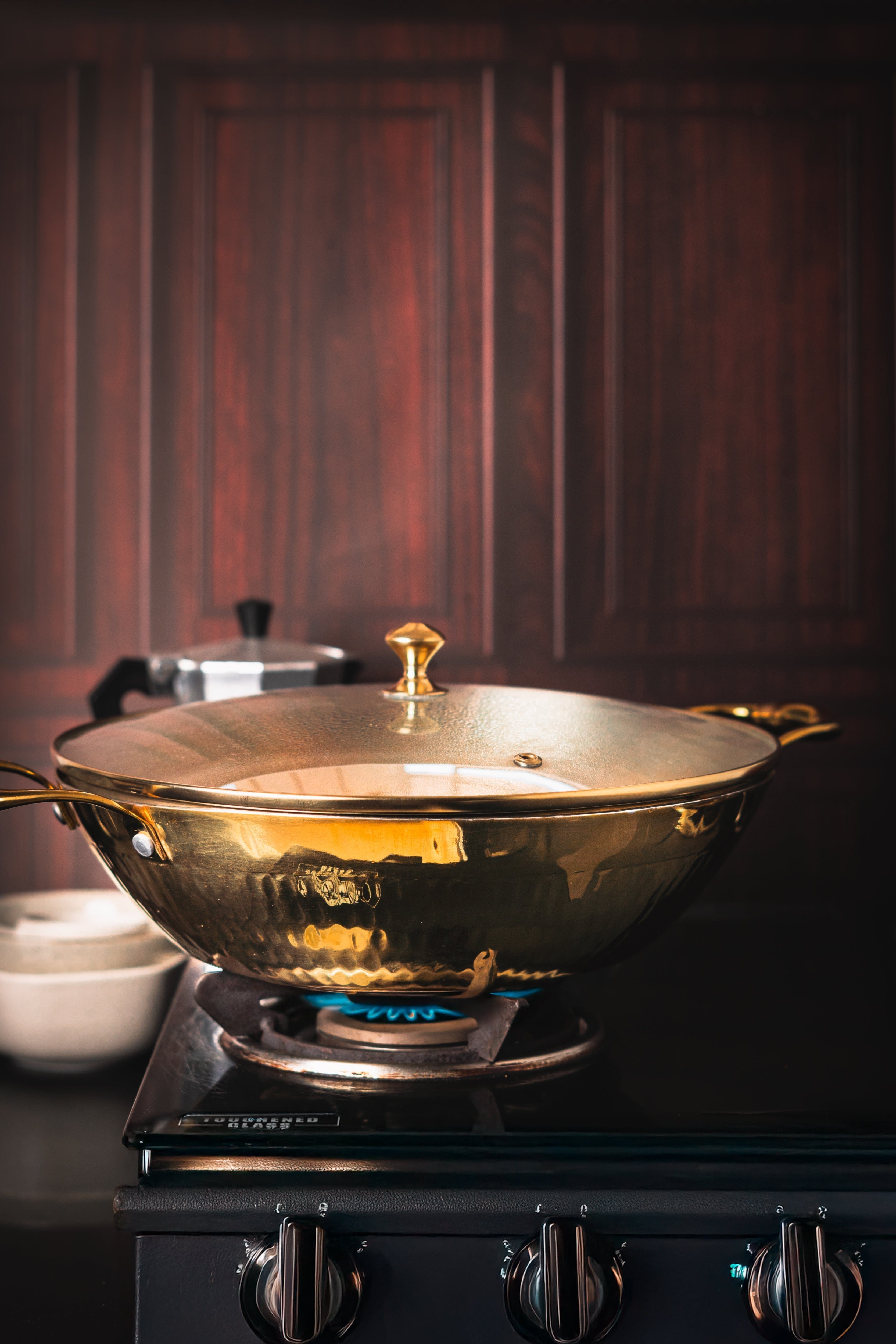 Brass Flat Base Wok with Glass lid