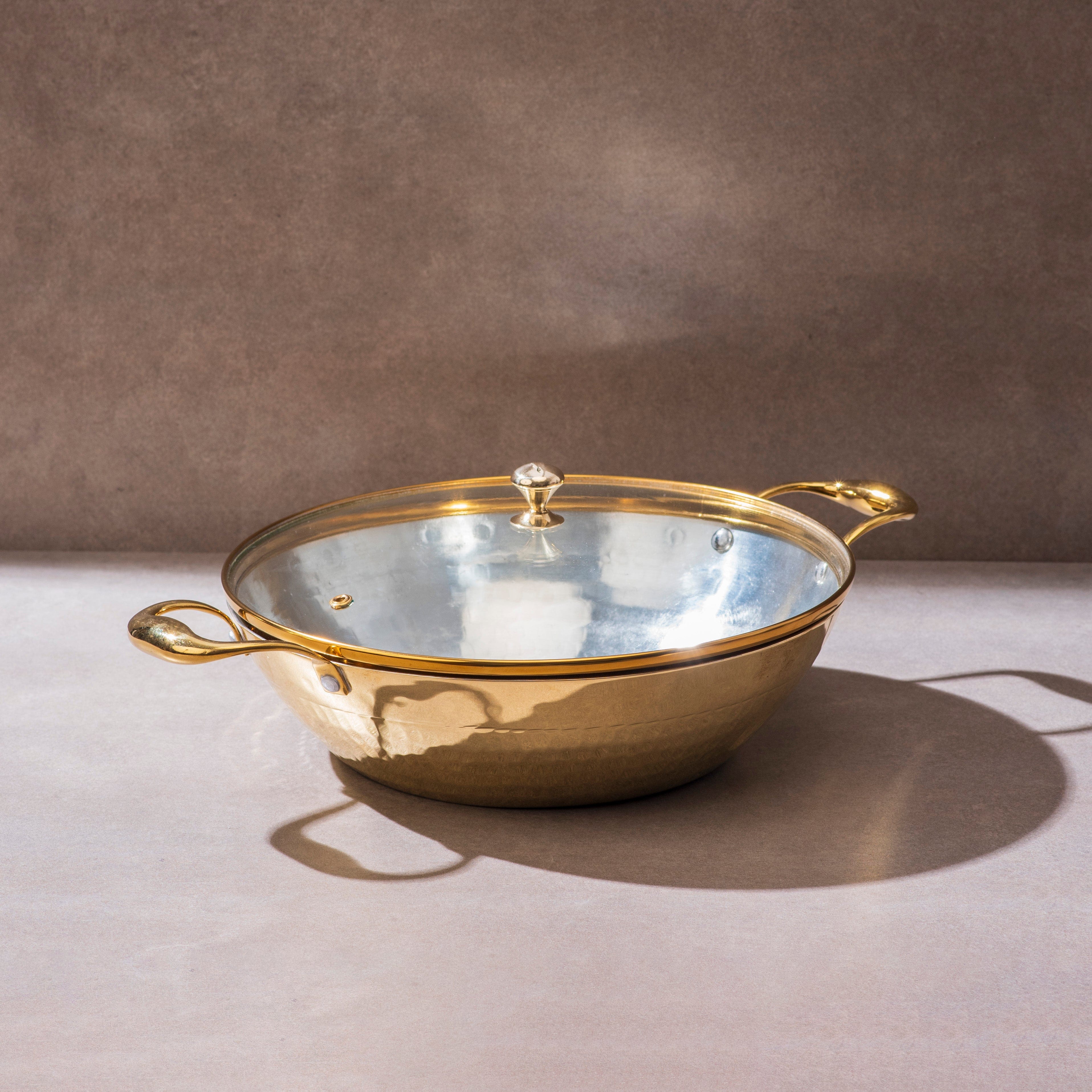 Brass Flat Base Wok with Glass lid