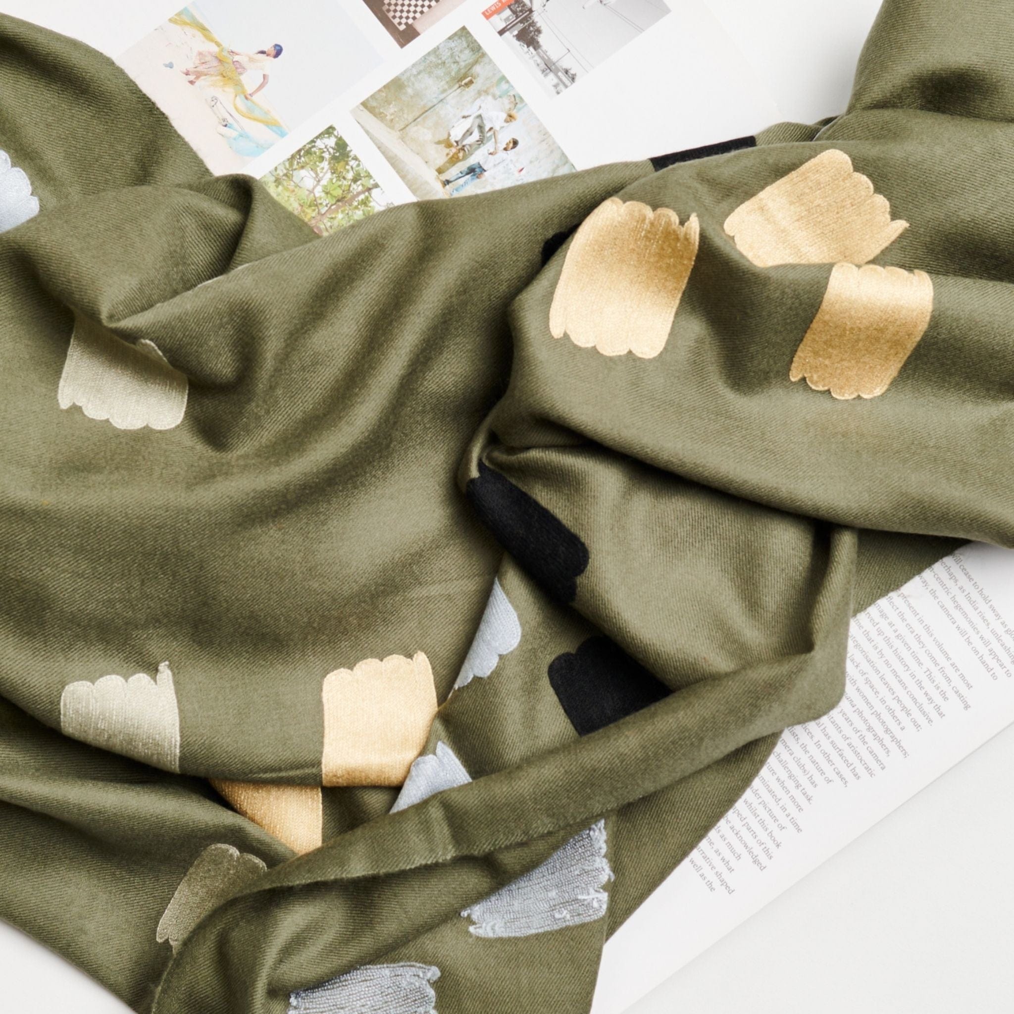 Sahara Olive Green Silk Merino Hand Woven Hand Embroidered Scarf