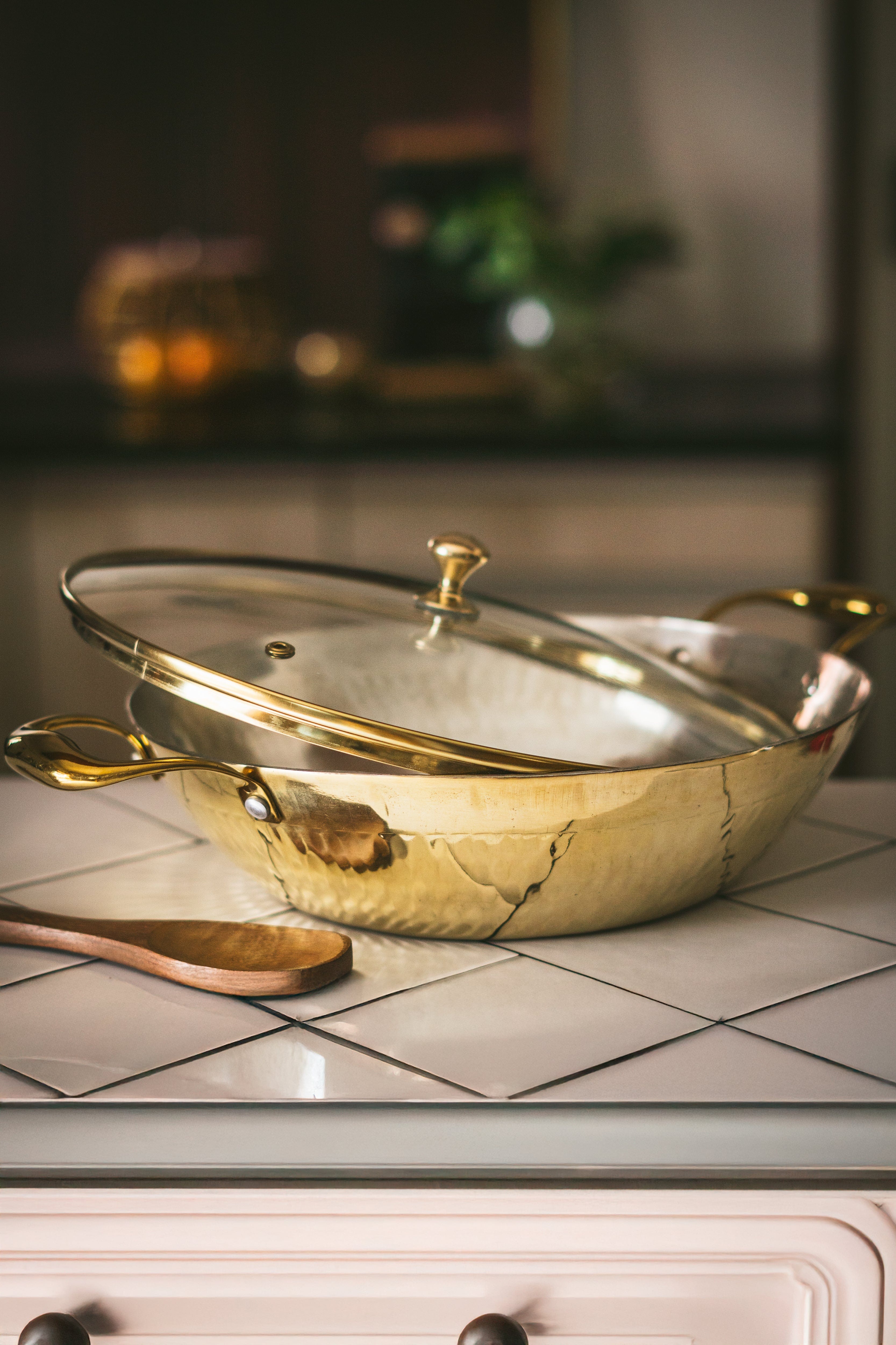 Brass Flat Base Wok with Glass lid