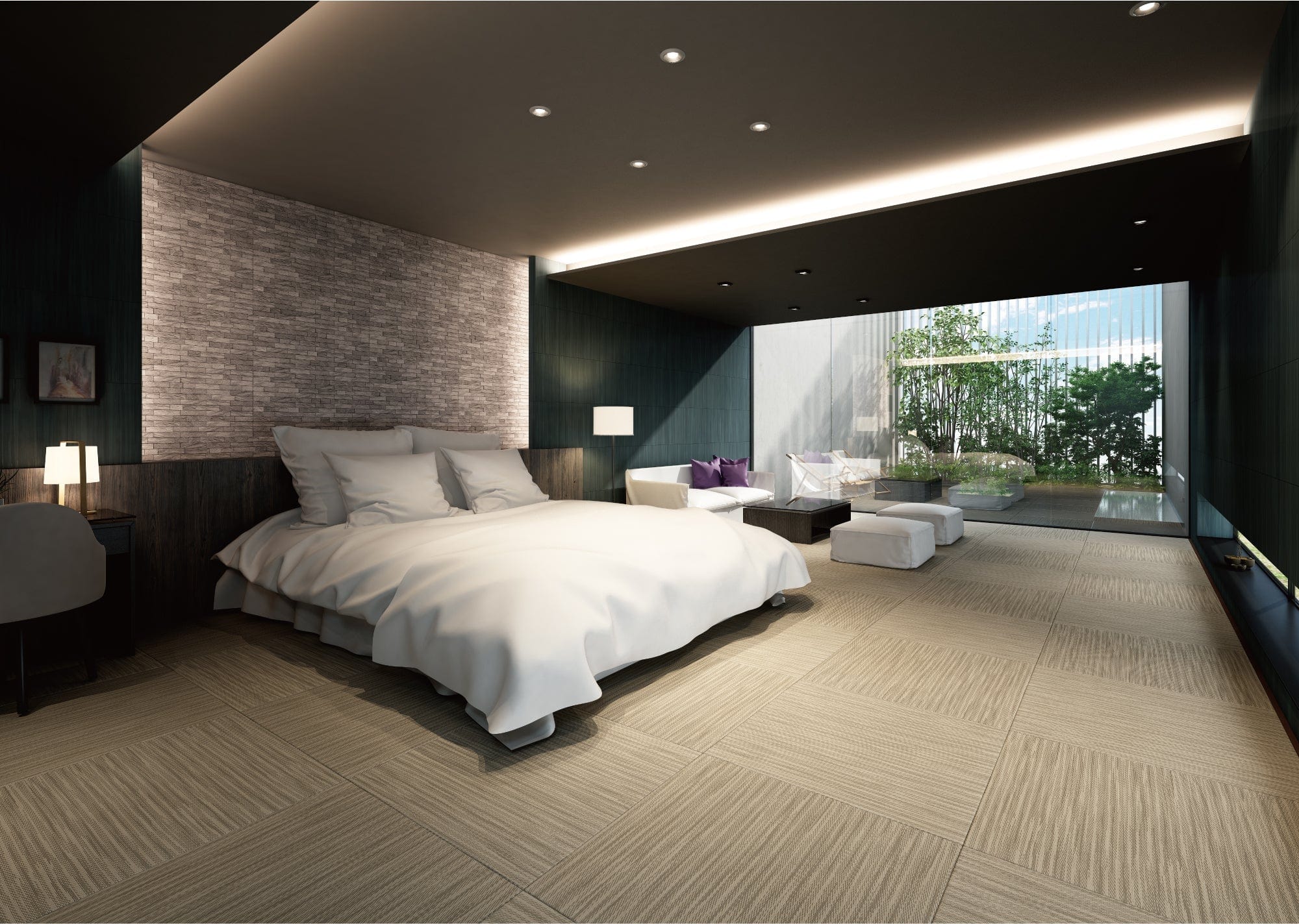 A modern room featuring a Honami CHERRY GRAY Japandi tatami mat in a cherry gray color, laid out on the floor in a bedroom