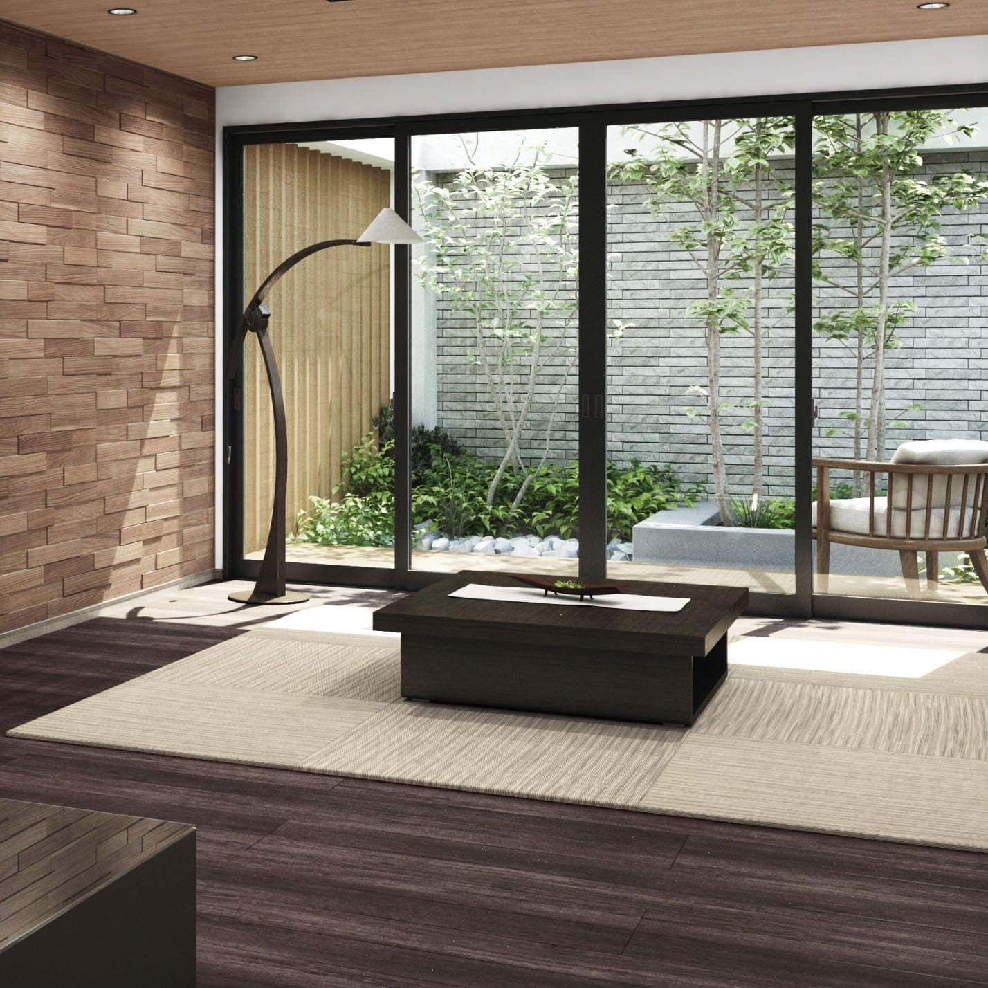 A modern room featuring a Honami CHERRY GRAY Japandi tatami mat in a cherry gray color, laid out on the floor with a floor lamp and part of a wooden floor and window visible in the background.