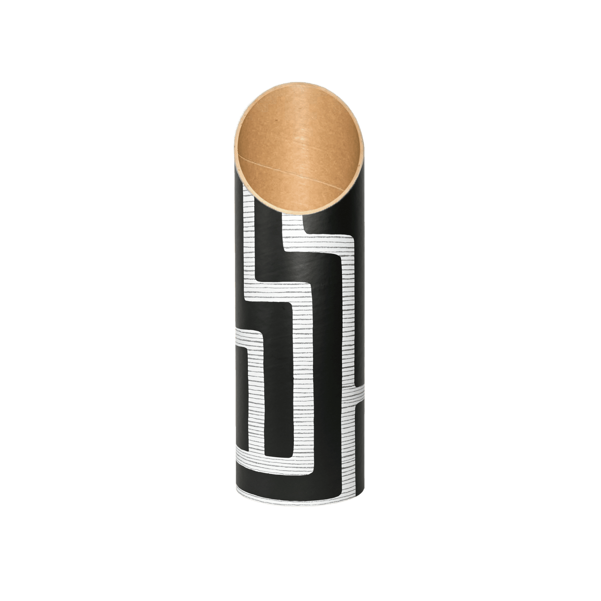 Front view of the empty black-and-white maze-patterned tube, showing its angled opening and warm kraft-paper interior.