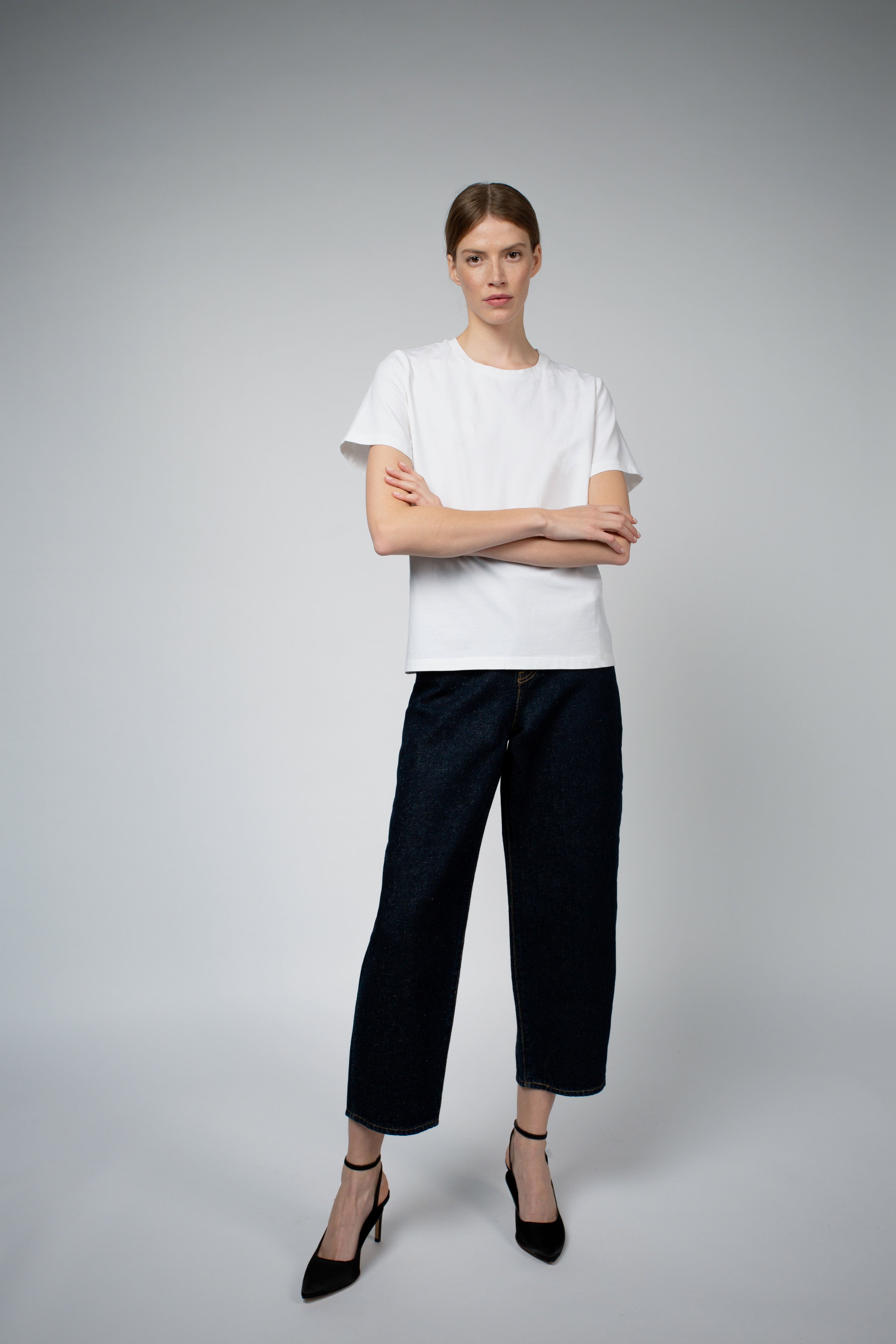 Adry Organic Cotton Crew Neck T-Shirt in white, three-quarter view β Santicler Japandi fashion