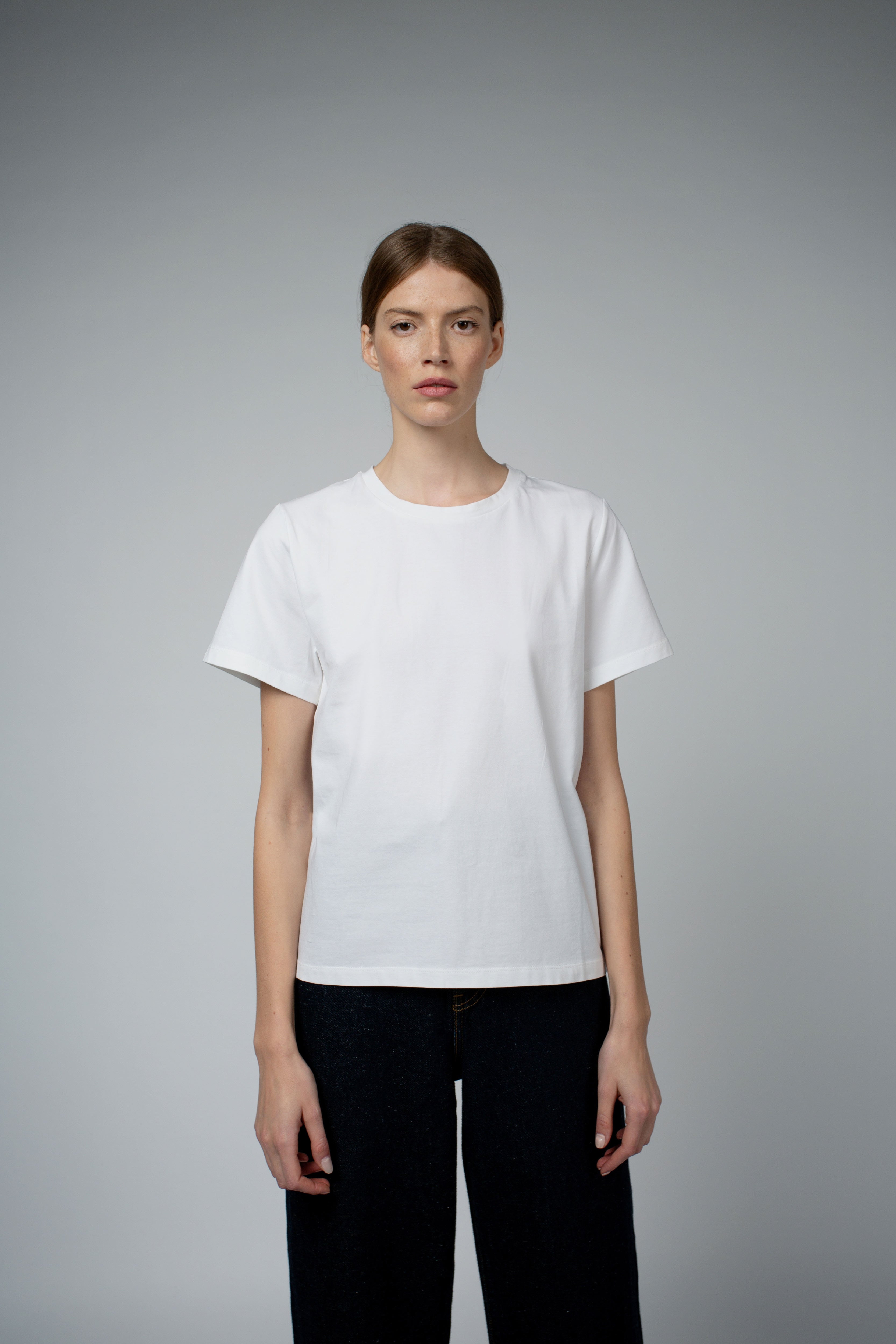 Adry Organic Cotton Crew Neck T-Shirt in white, full-length front view β Santicler Japandi fashion