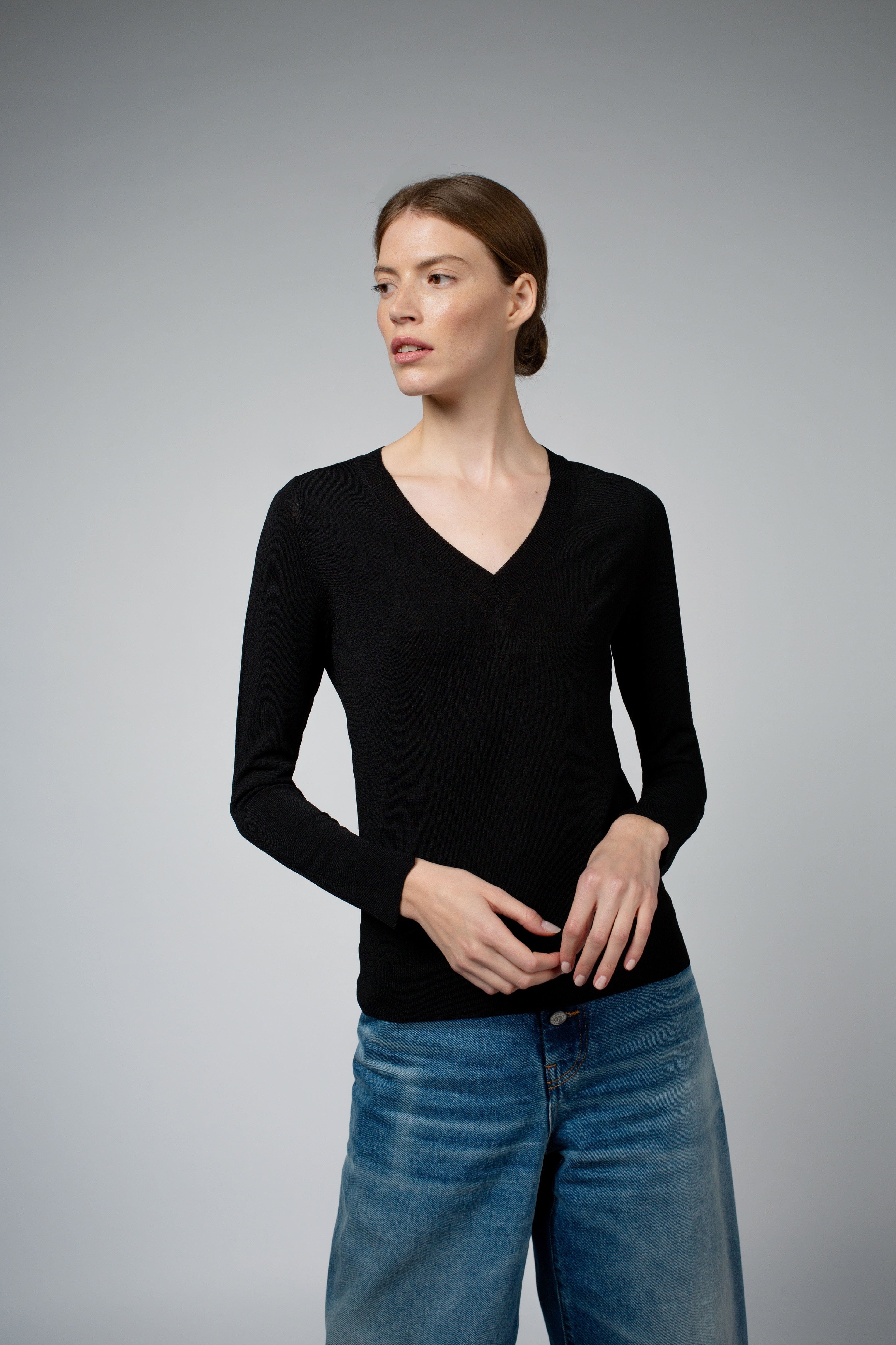 Livia Long-Sleeve V-Neck Sweater in black, front view β Santicler Japandi fashion