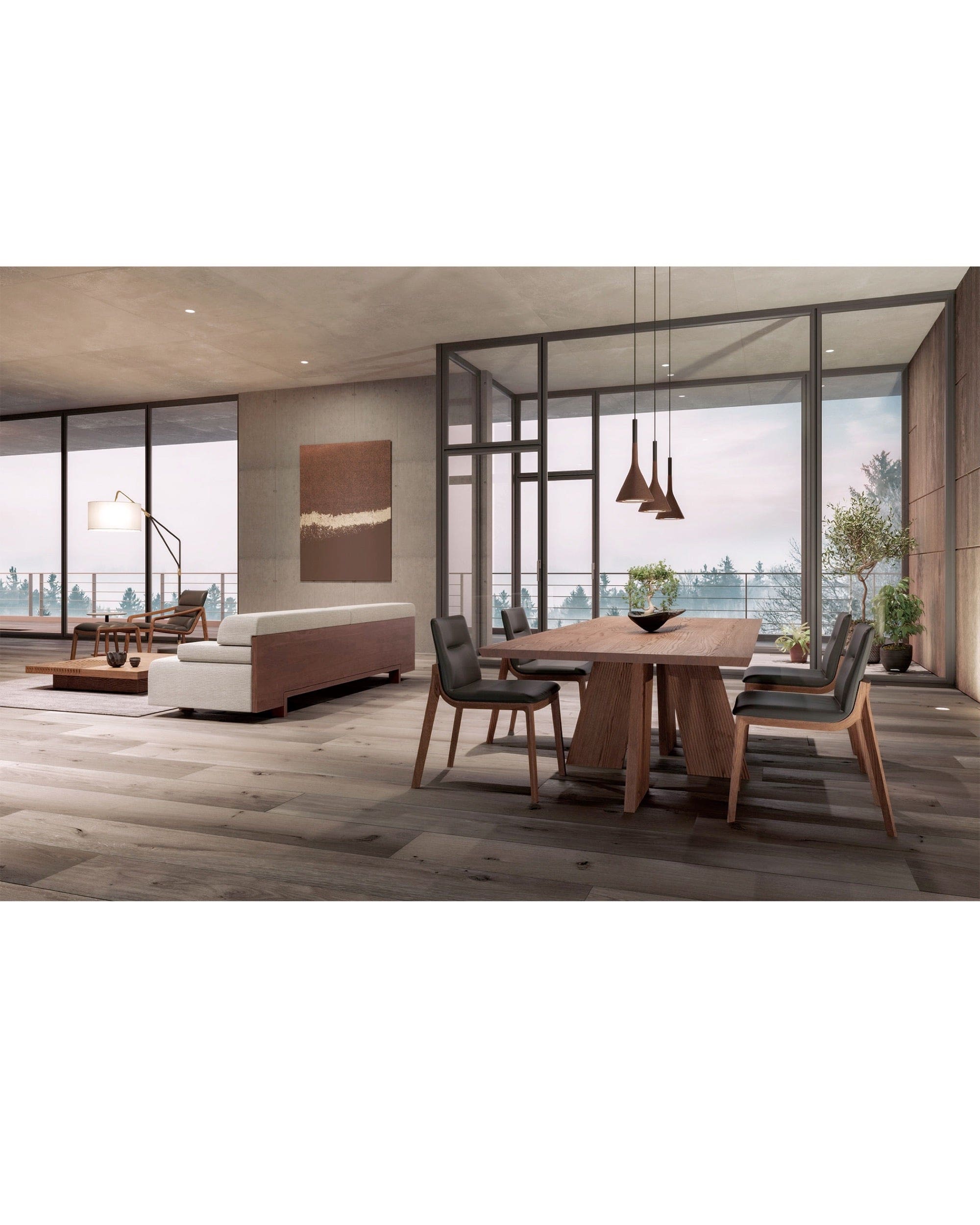 HAKAMA Walnut Dining Table styled in a Japandi living room – warm minimal interior