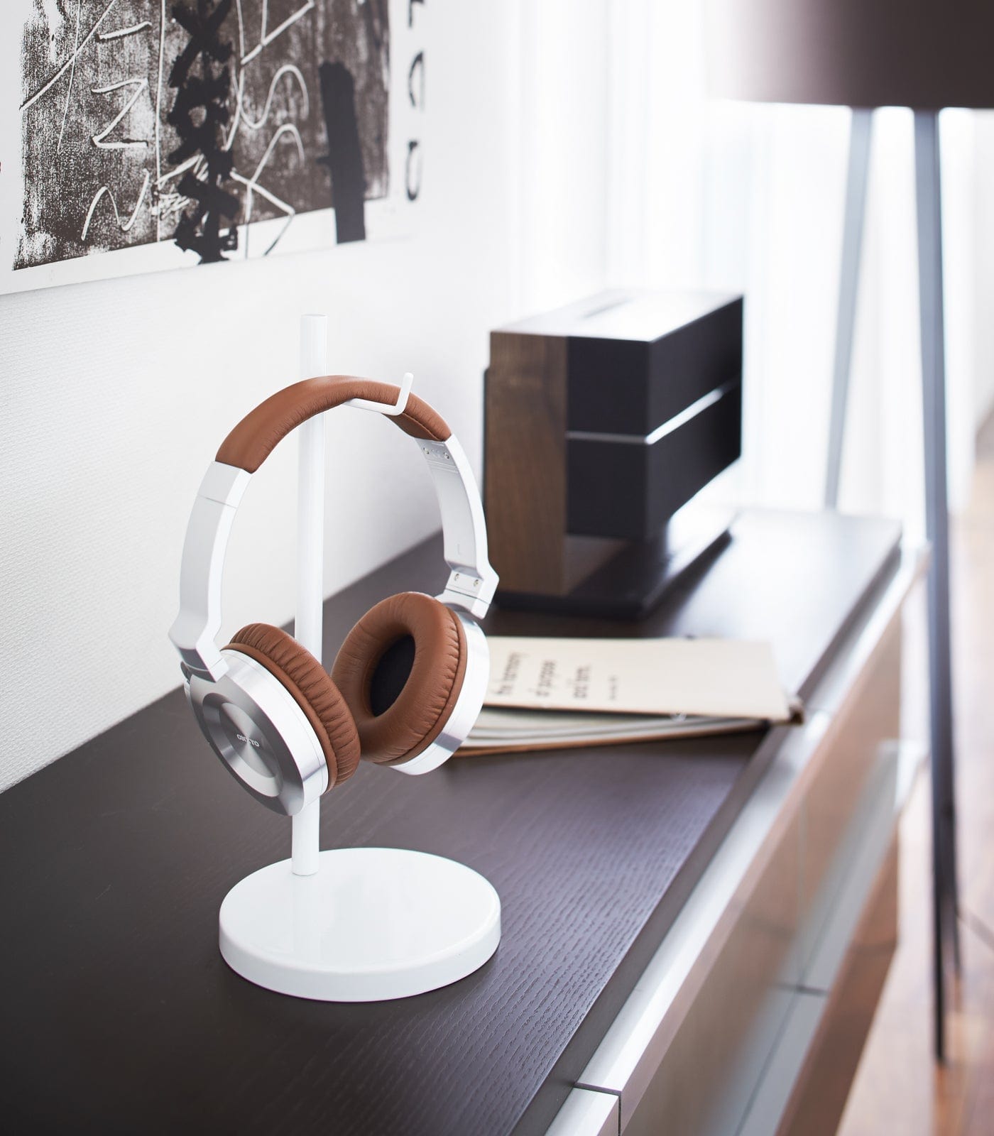 Headphone Stand - Steel in White on Table