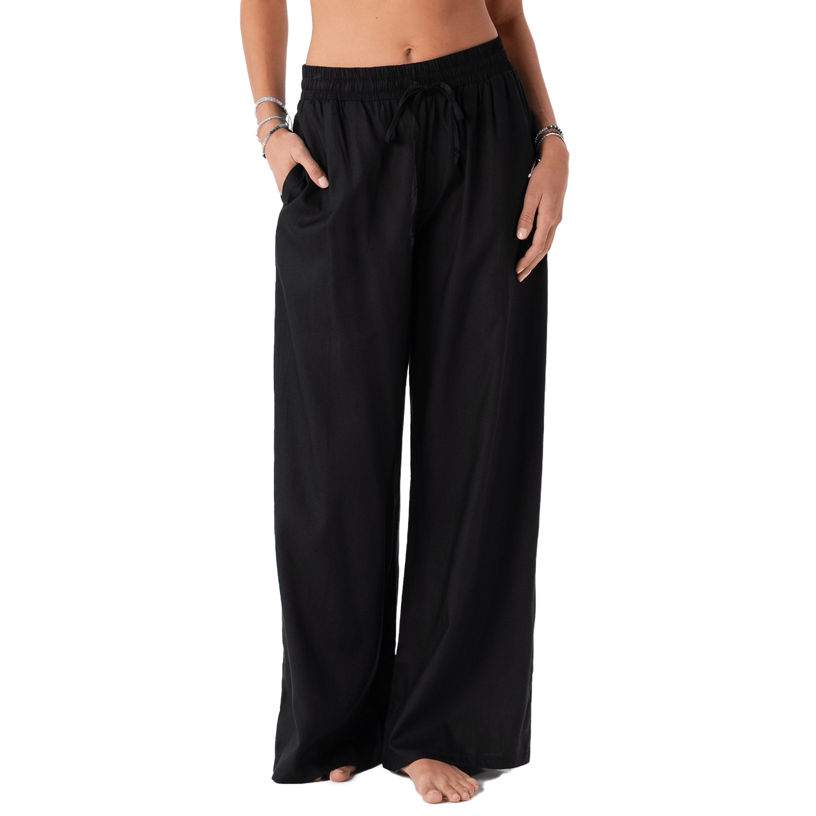 Japandi black wide leg drawstring pants for minimalist wardrobe