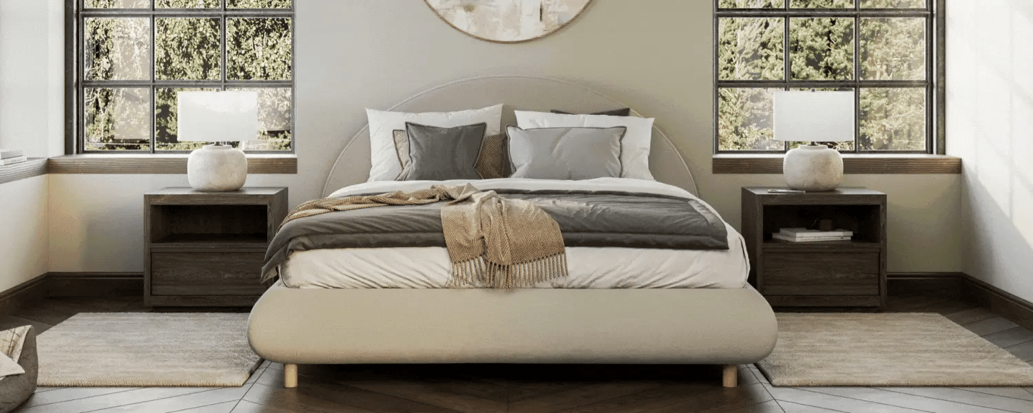 Luna upholstered bed frame by SoftFrame Designs featuring curved headboard and soft neutral textiles