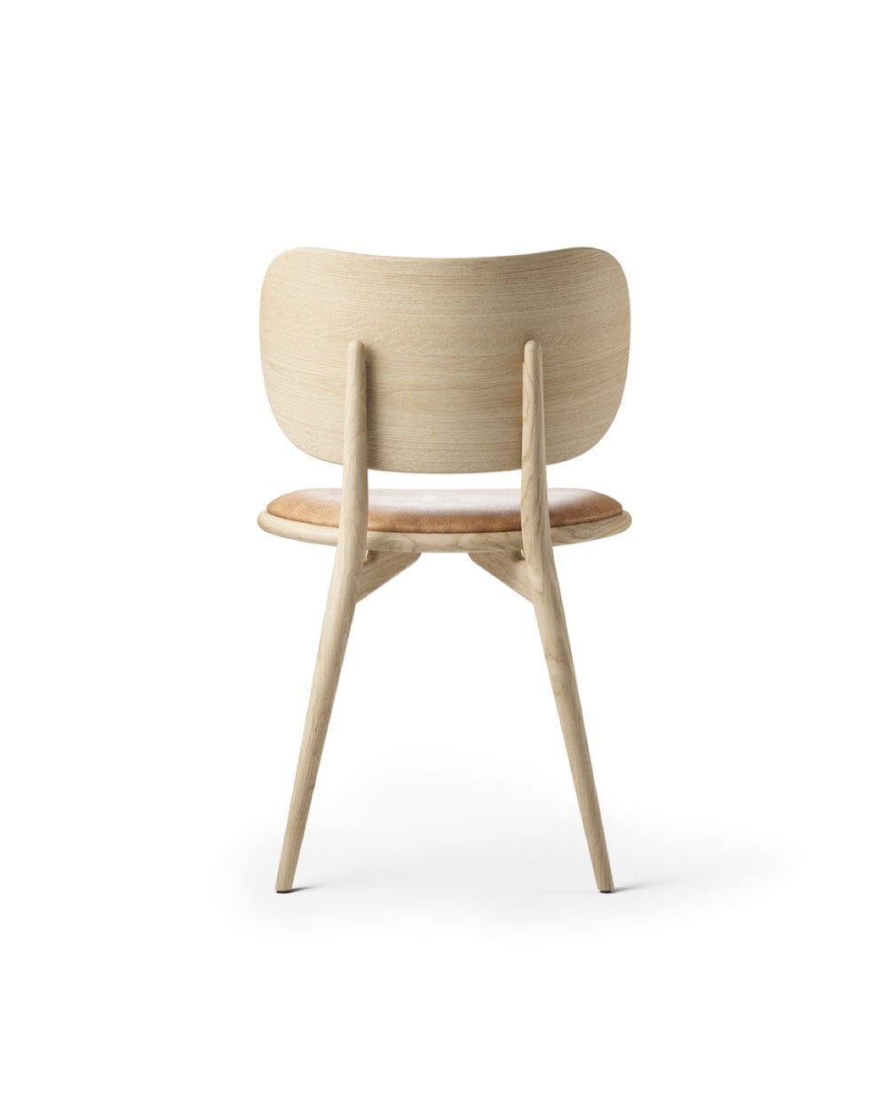 Mater The Dining Chair rear view in matt lacquered oak and natural leather