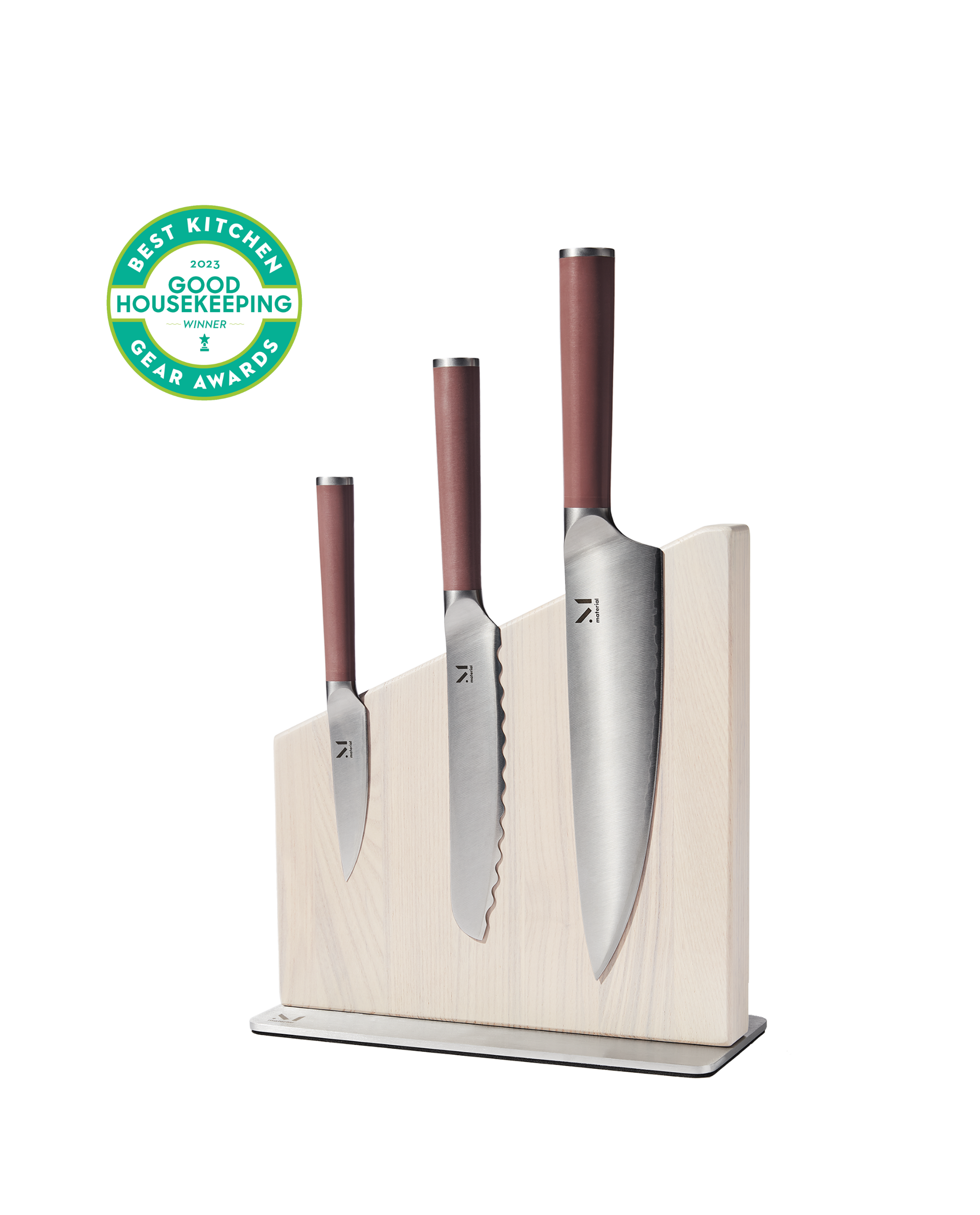 Material knife set with magnetic knife block in light wood finish