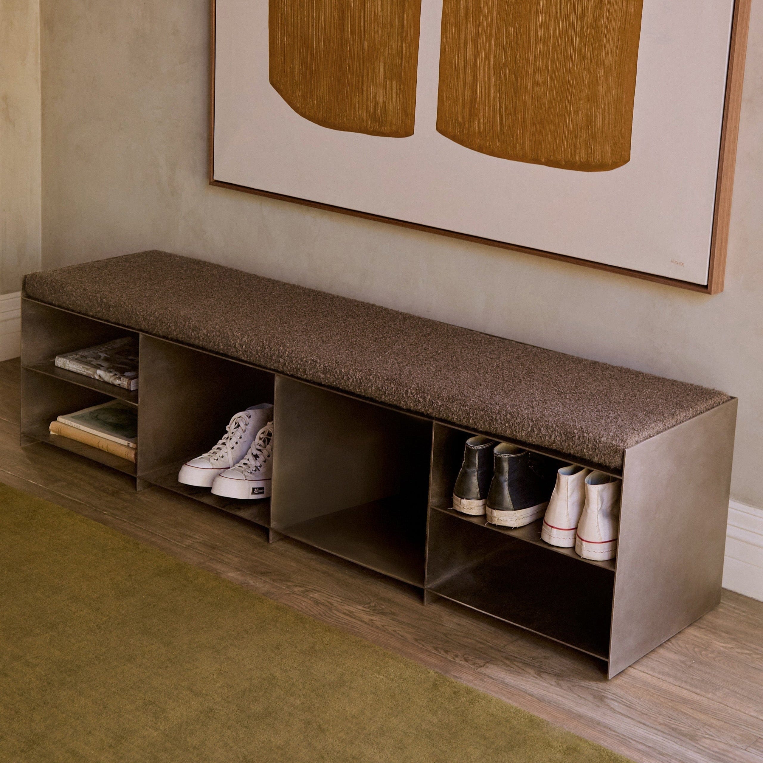 Milan media console used as low bench with integrated storage