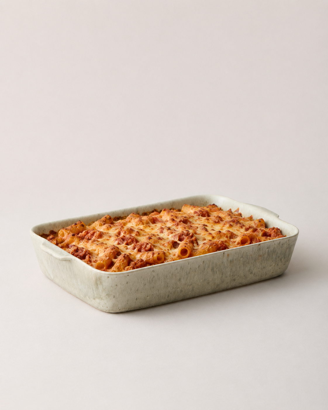 Warm stone Fieldstone Baker filled with a golden, bubbling baked pasta or casserole topped with browned cheese.