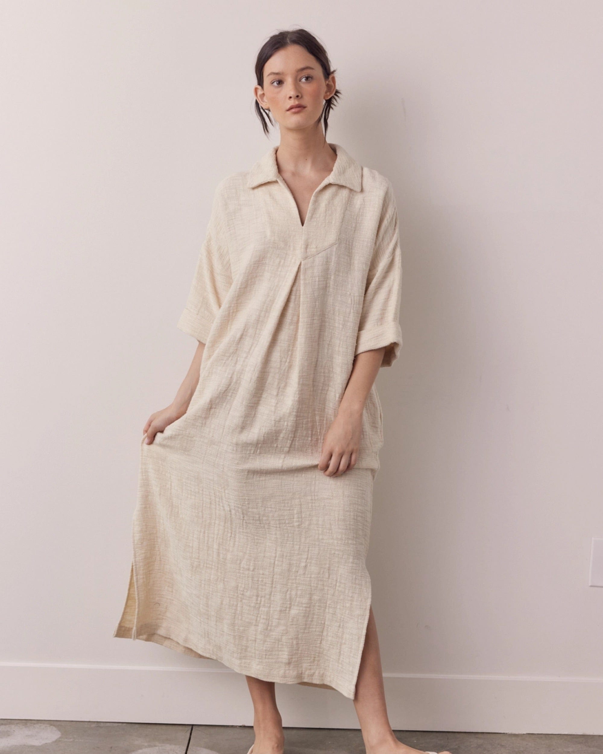 Back-shirred Midi Dress, Oatmeal