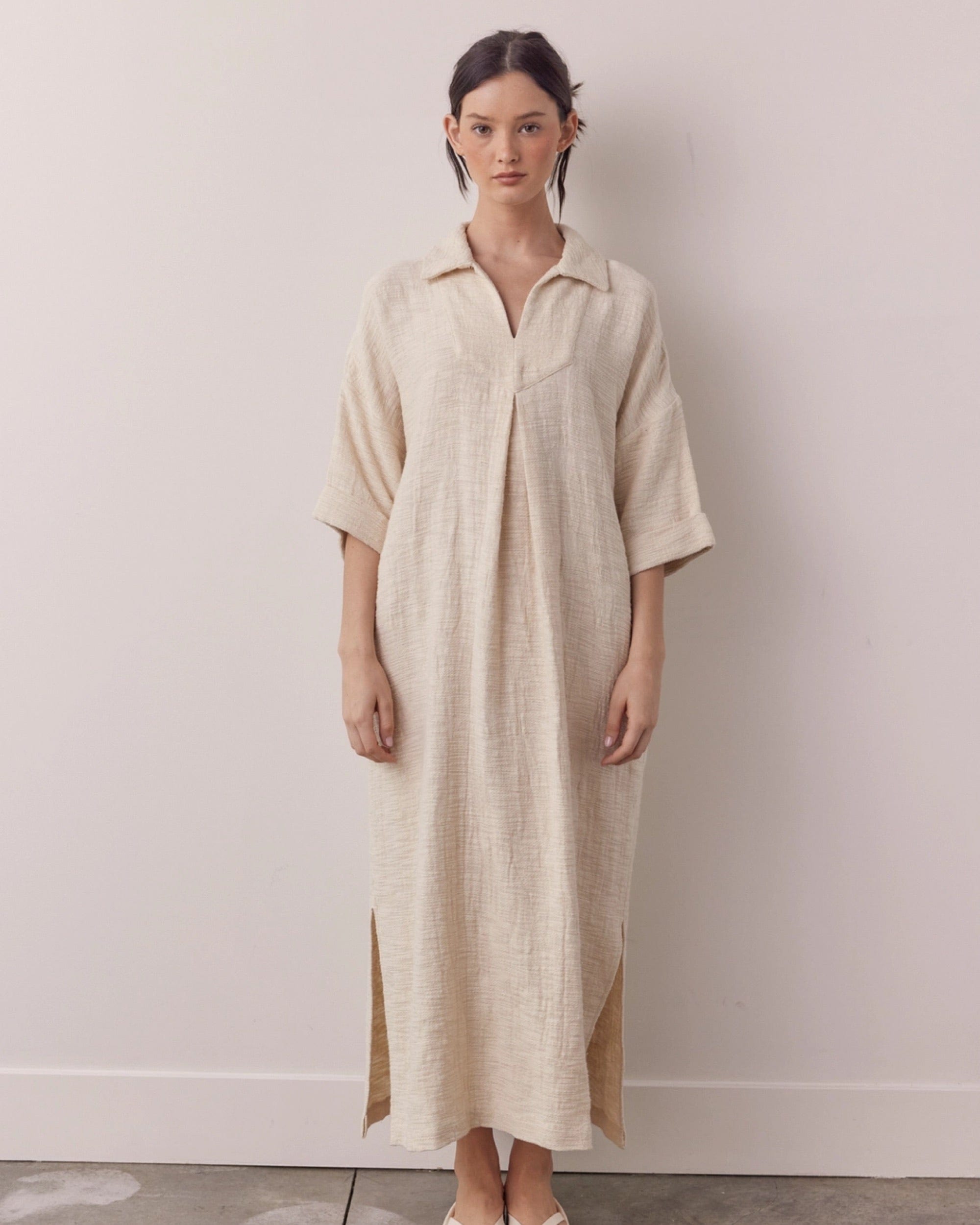 Back-shirred Midi Dress, Oatmeal