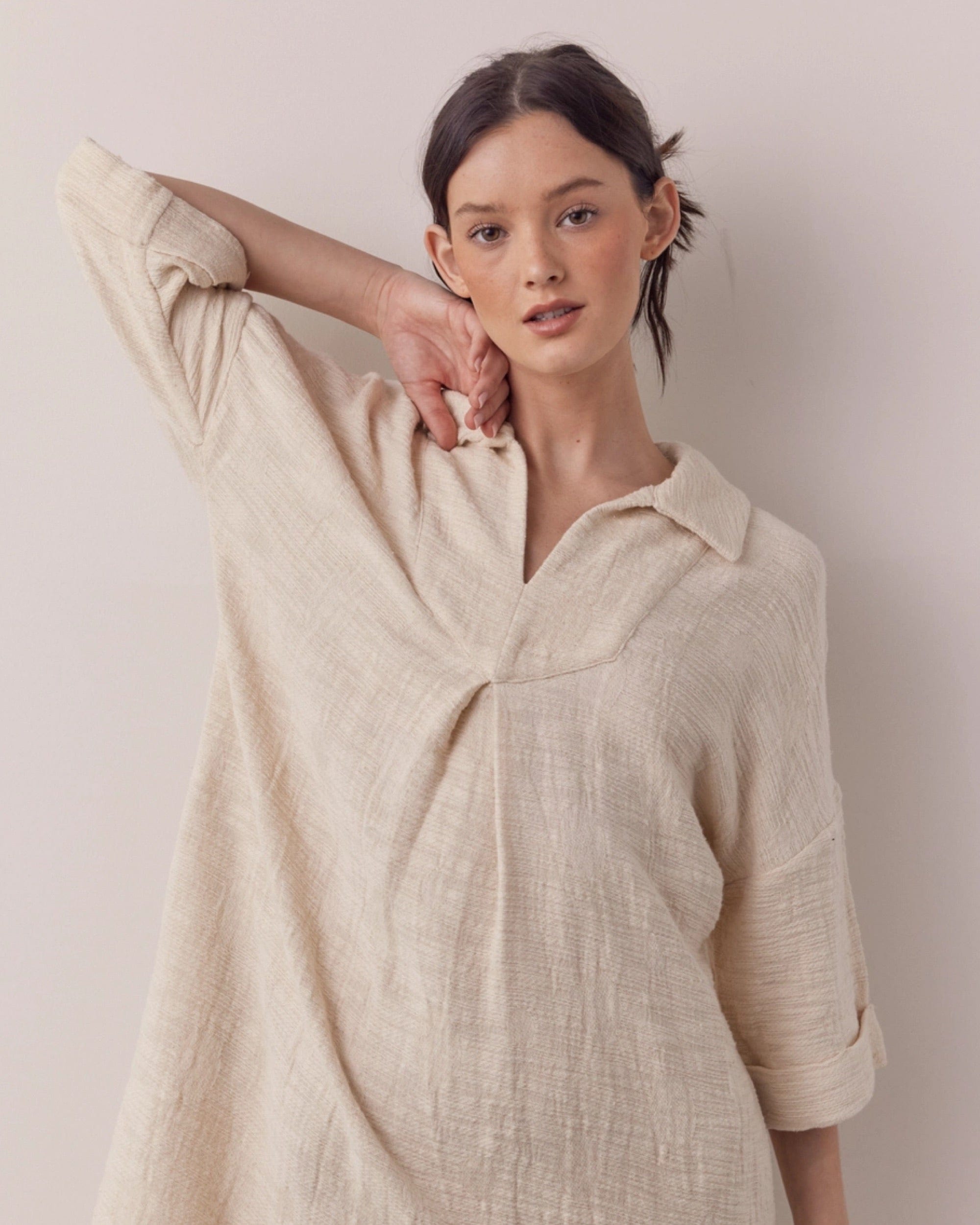 Back-shirred Midi Dress, Oatmeal