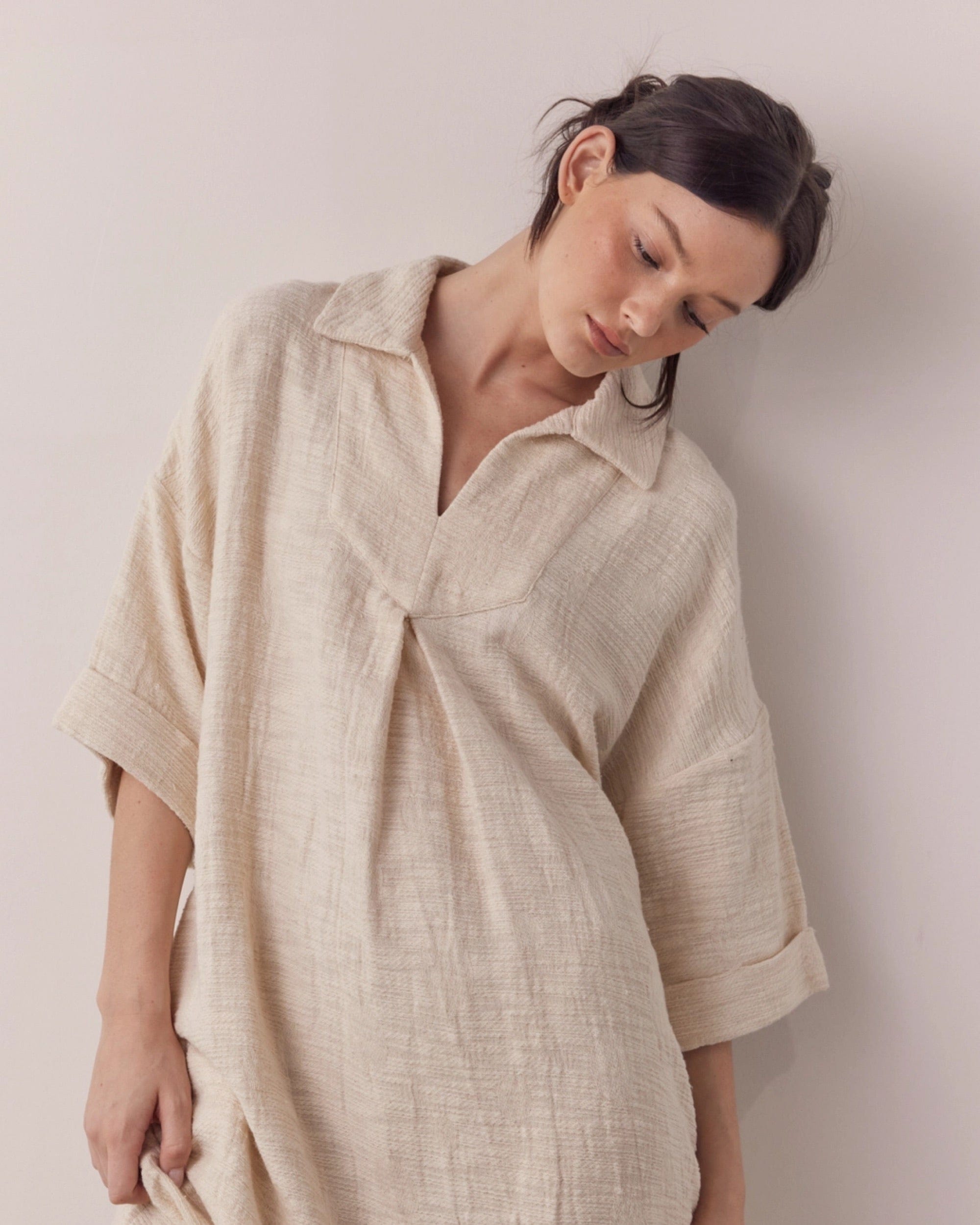 Back-shirred Midi Dress, Oatmeal