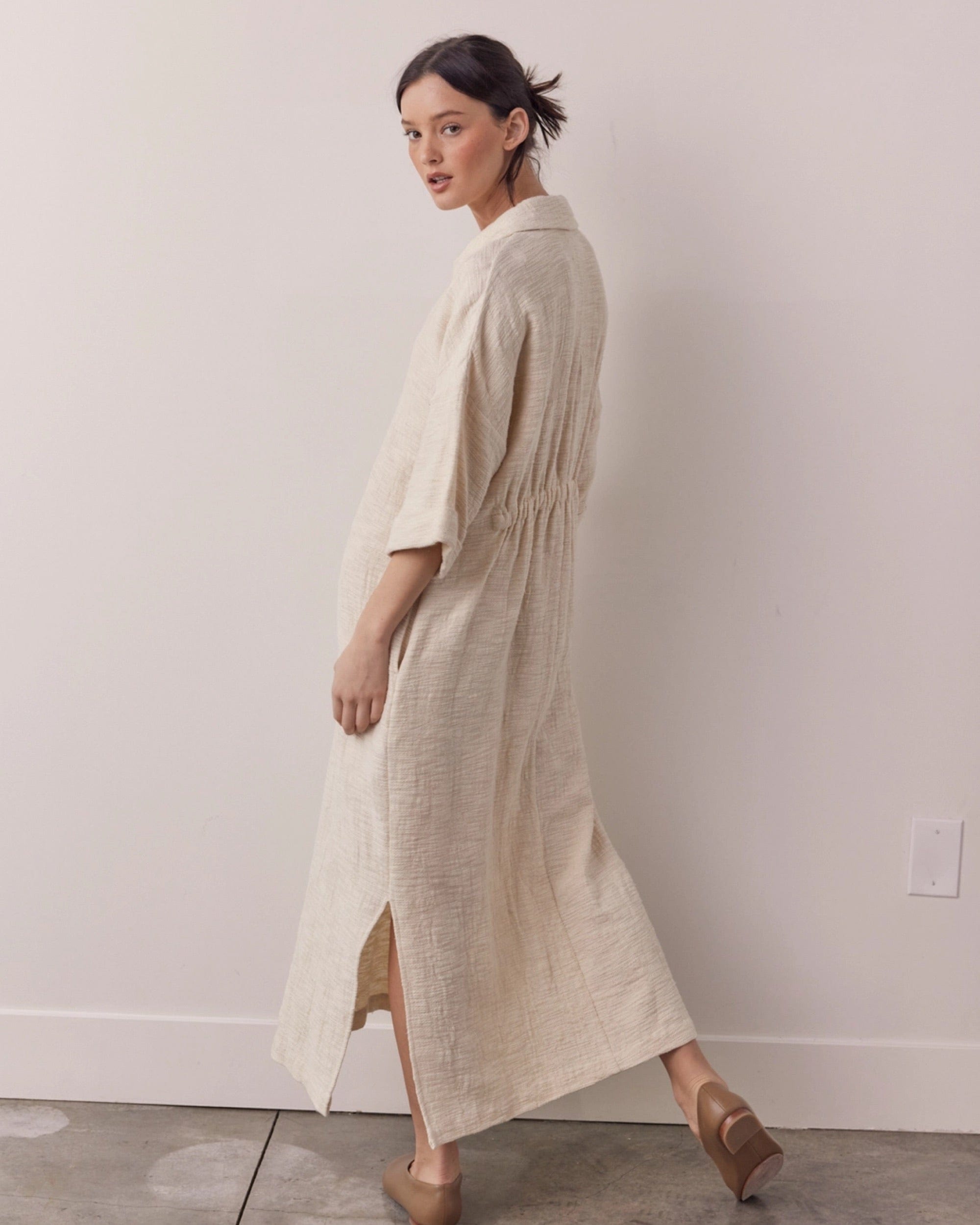 Back-shirred Midi Dress, Oatmeal