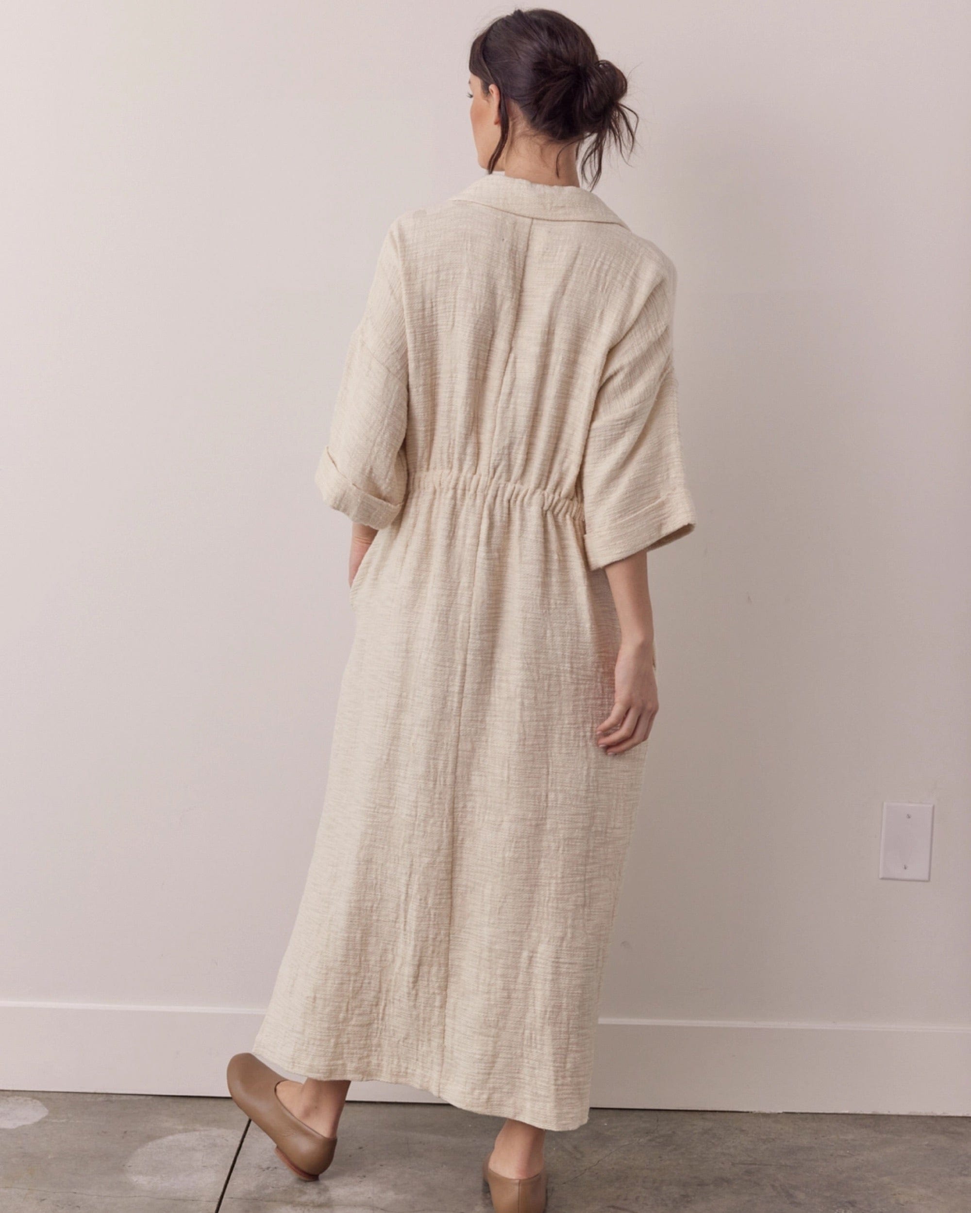Back-shirred Midi Dress, Oatmeal