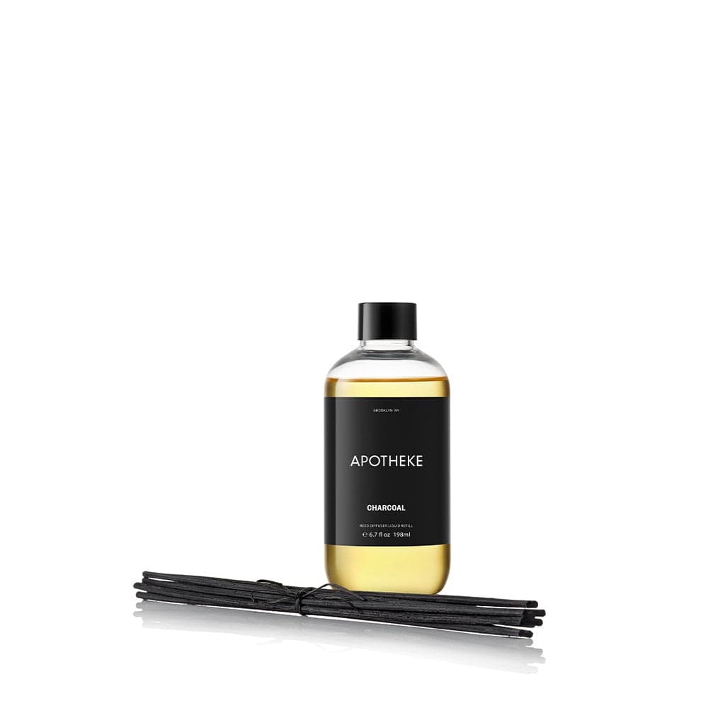 APOTHEKE Charcoal Reed Diffuser Refill bottle with black cap and bundled black rattan reed sticks