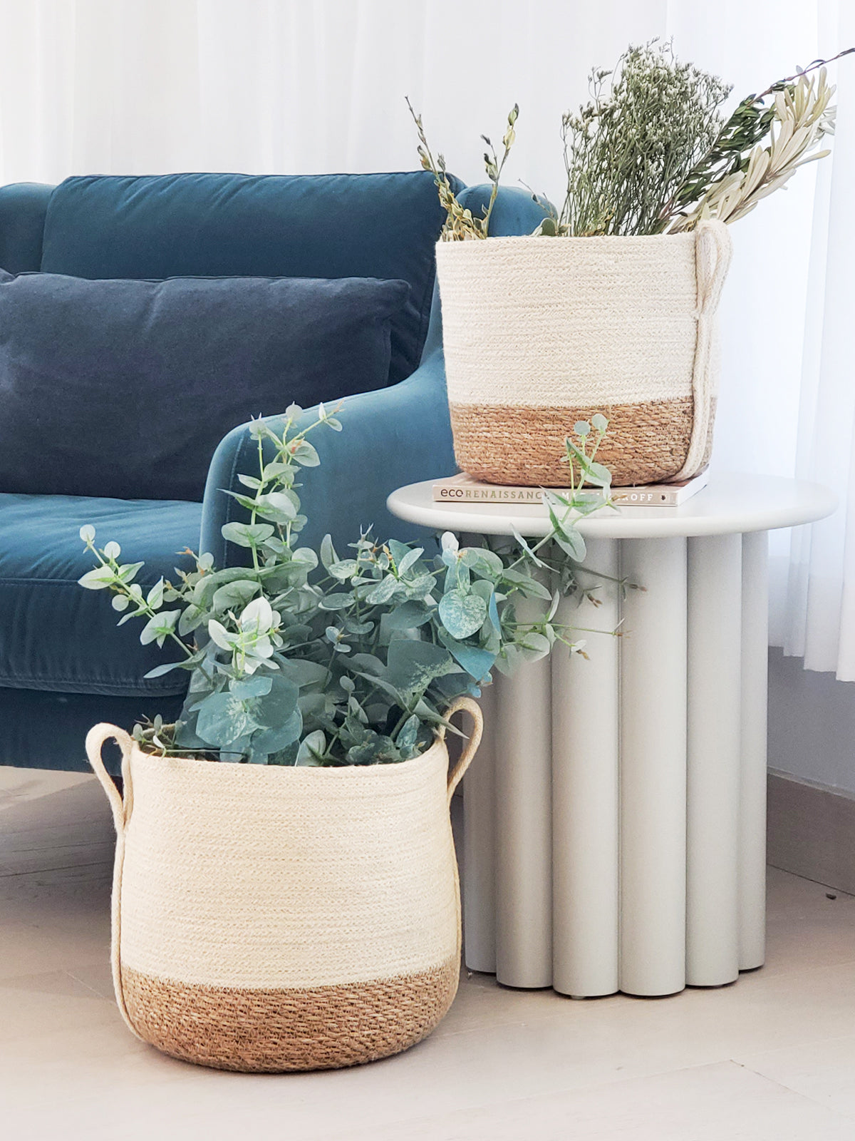 Korissa Savar Basket with Side Handle styled with plant on side table