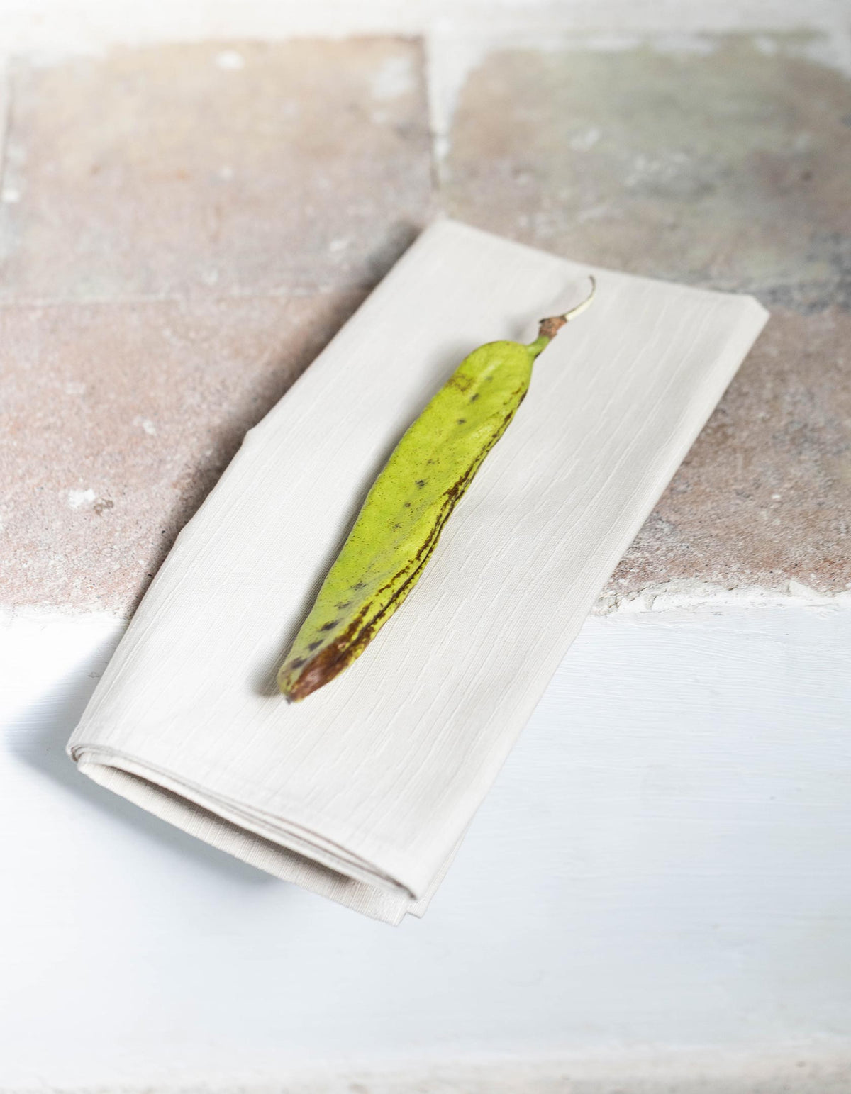 Ivory Tortuga Forma Dinner Napkins Sabi folded on a pale surface beside a rough stone ledge, with a green pea pod resting lengthwise across the top.