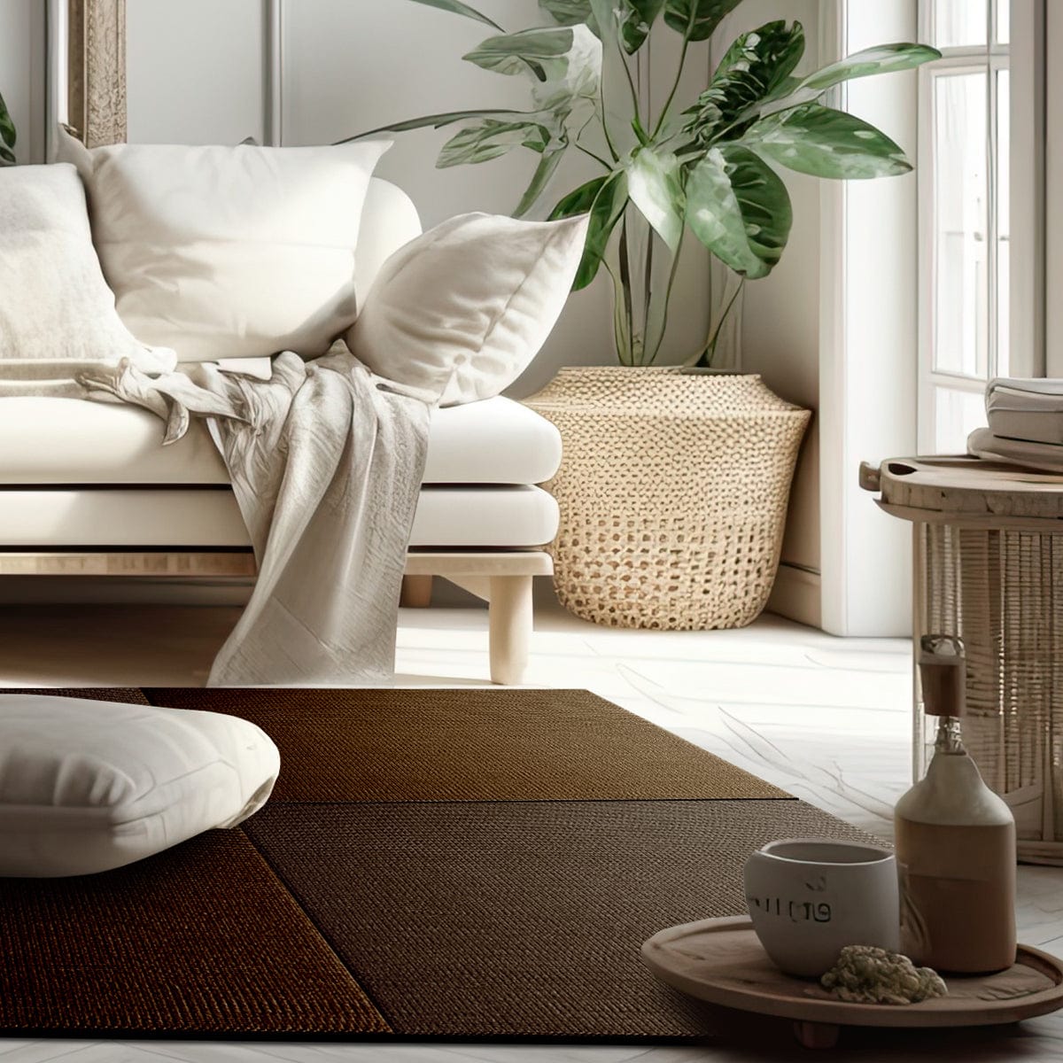 Saien DARK Japandi Tatami Mat in living space with couch