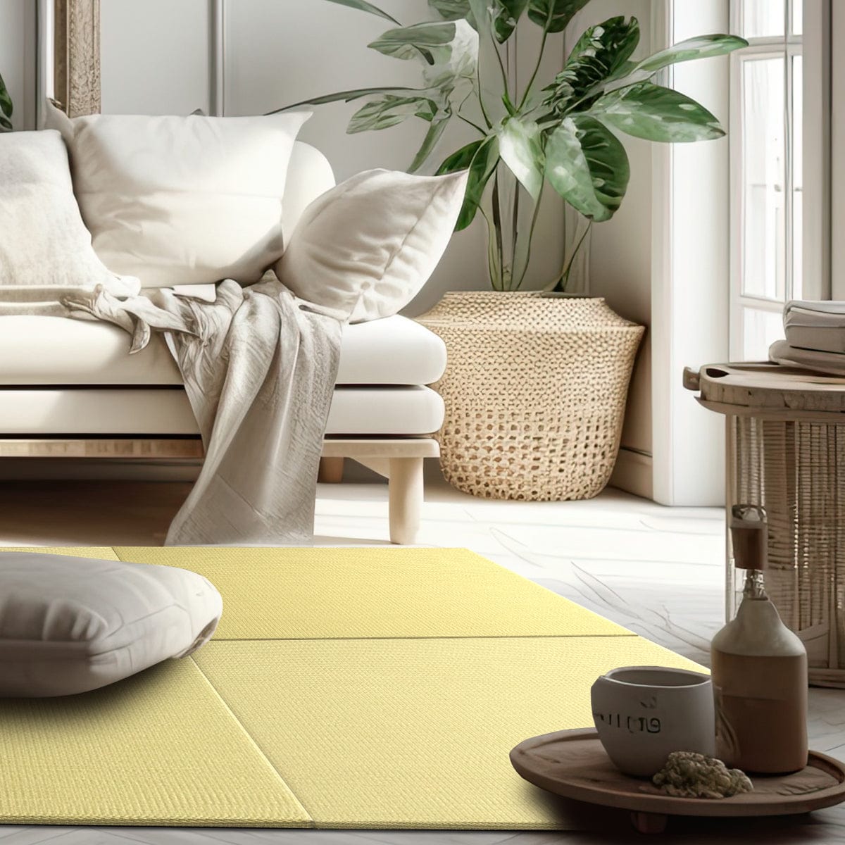 A yellow tatami mat with a textured surface, placed on the floor in a room with a couch, pillows, and a large plant.