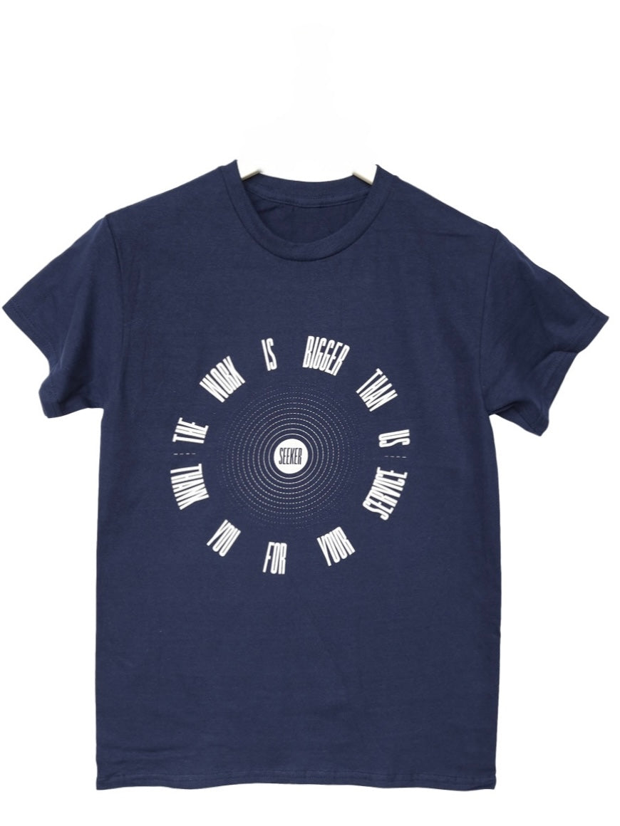 Front product view of the navy Service Tee with the circular graphic printed in white.