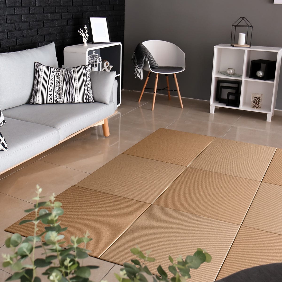 Seiryu COCOA BROWN Japandi Tatami Mat showin in living room space with 9 Mats Alternating 90° Pattern