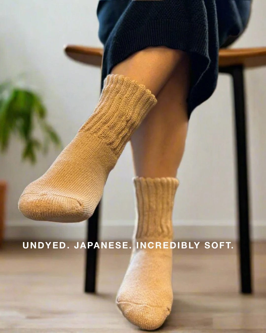 Undyed Organic Cotton Japanese Crew Socks in cream on feet in room available at Japandi Supply House