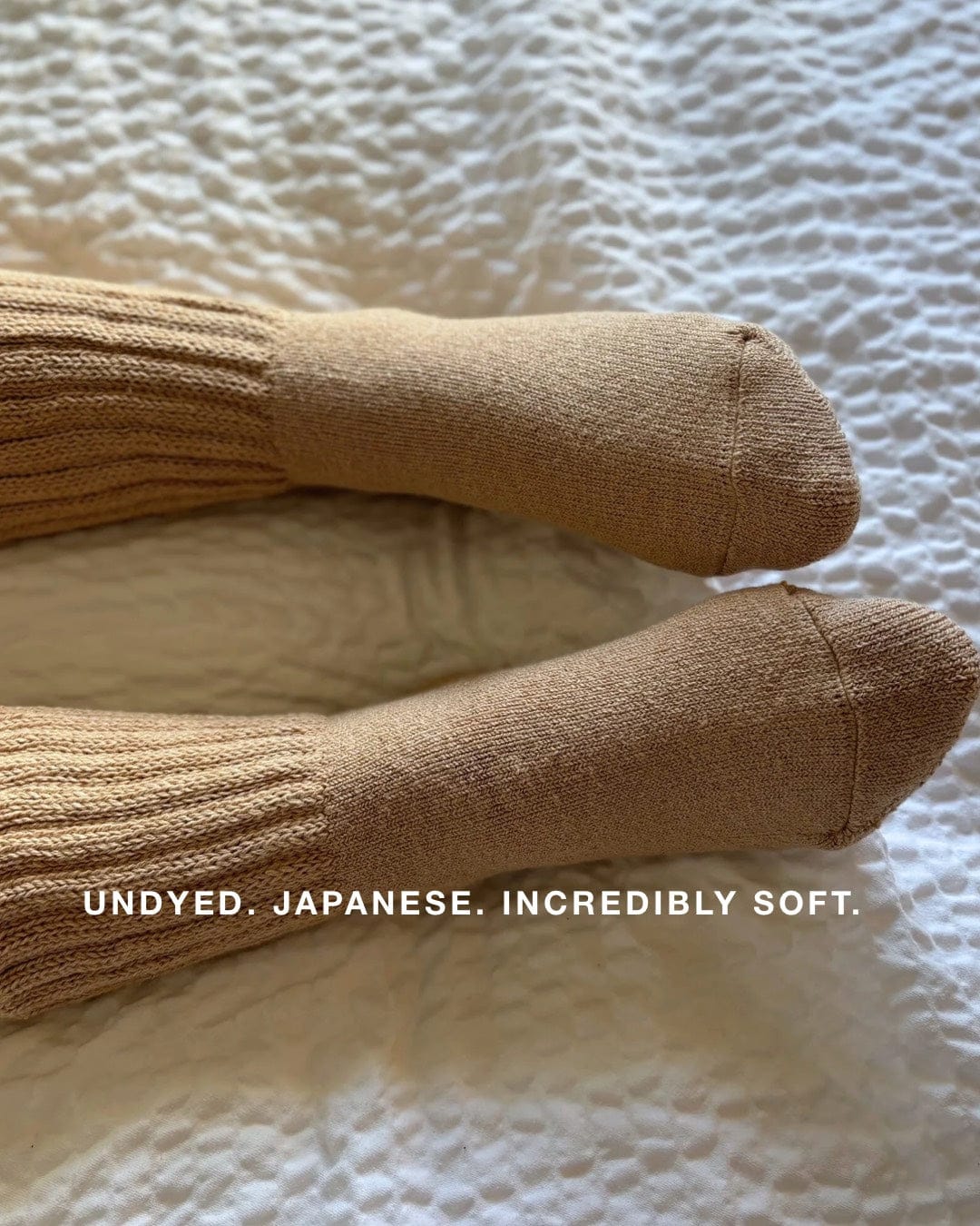 Undyed Organic Cotton Japanese Crew Socks in latte on feet available at Japandi Supply House