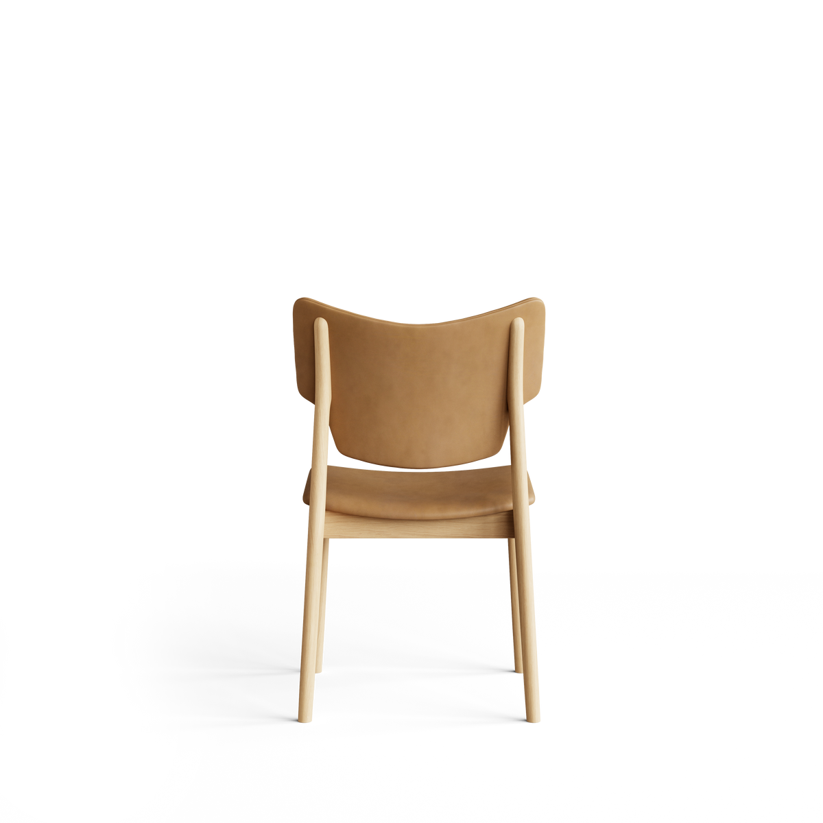 Rear view of the Eikund Veng Dining Chair with tan upholstery and a light wood frame, showing the curved back panel between exposed uprights and an open gap above the seat.