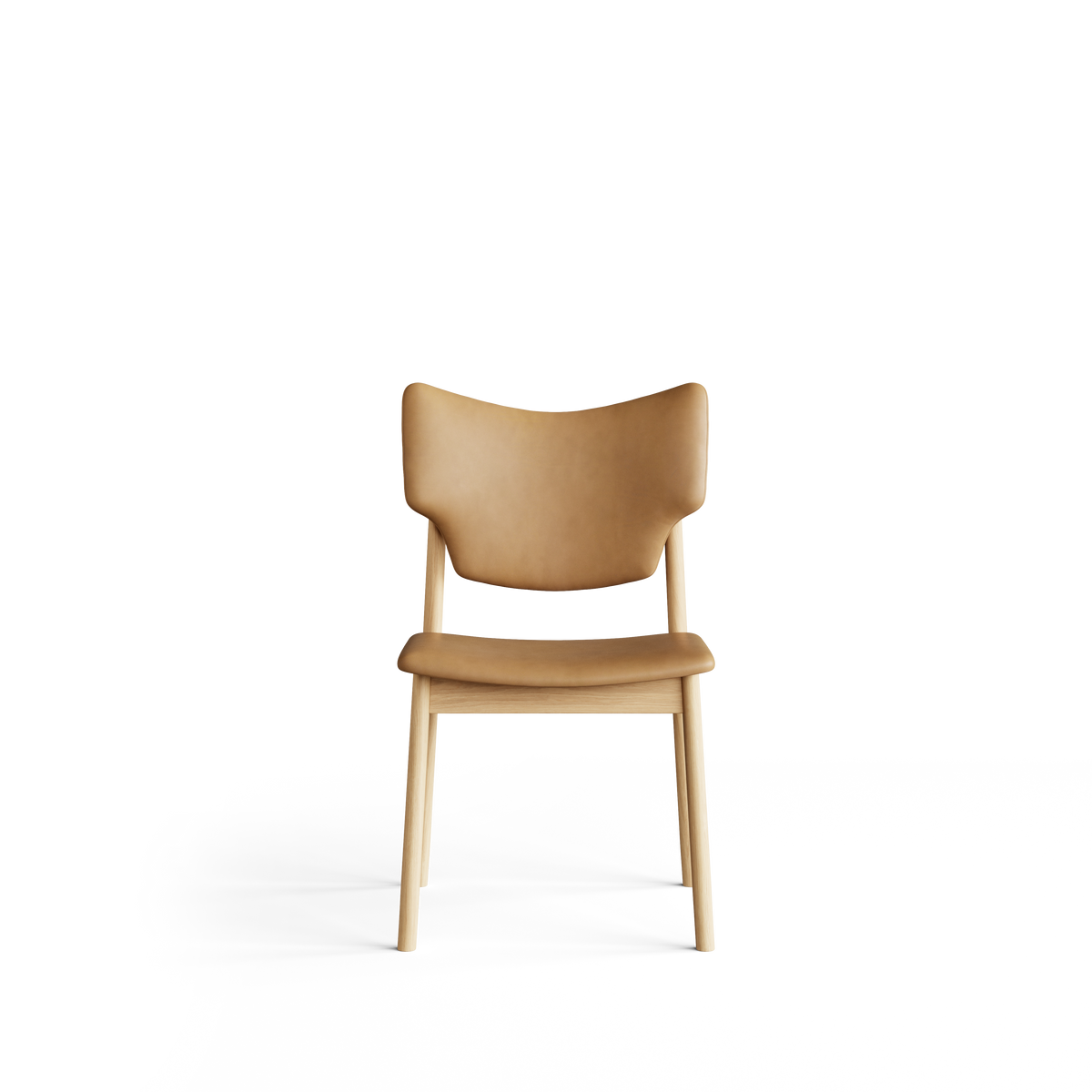 Front view of the tan Eikund Veng Dining Chair, showing its broad backrest with raised corners, slim upholstered seat, and slender light wood legs.