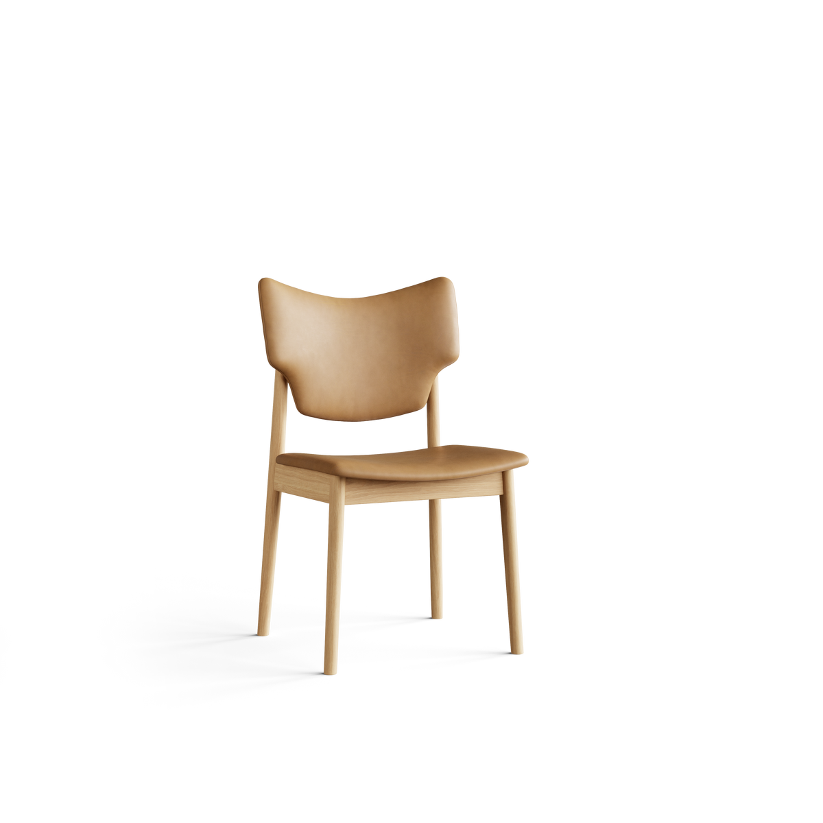 Three-quarter front view of the tan Eikund Veng Dining Chair, showing the backrest’s wrapping curve, rounded seat edge, and armless light wood frame.