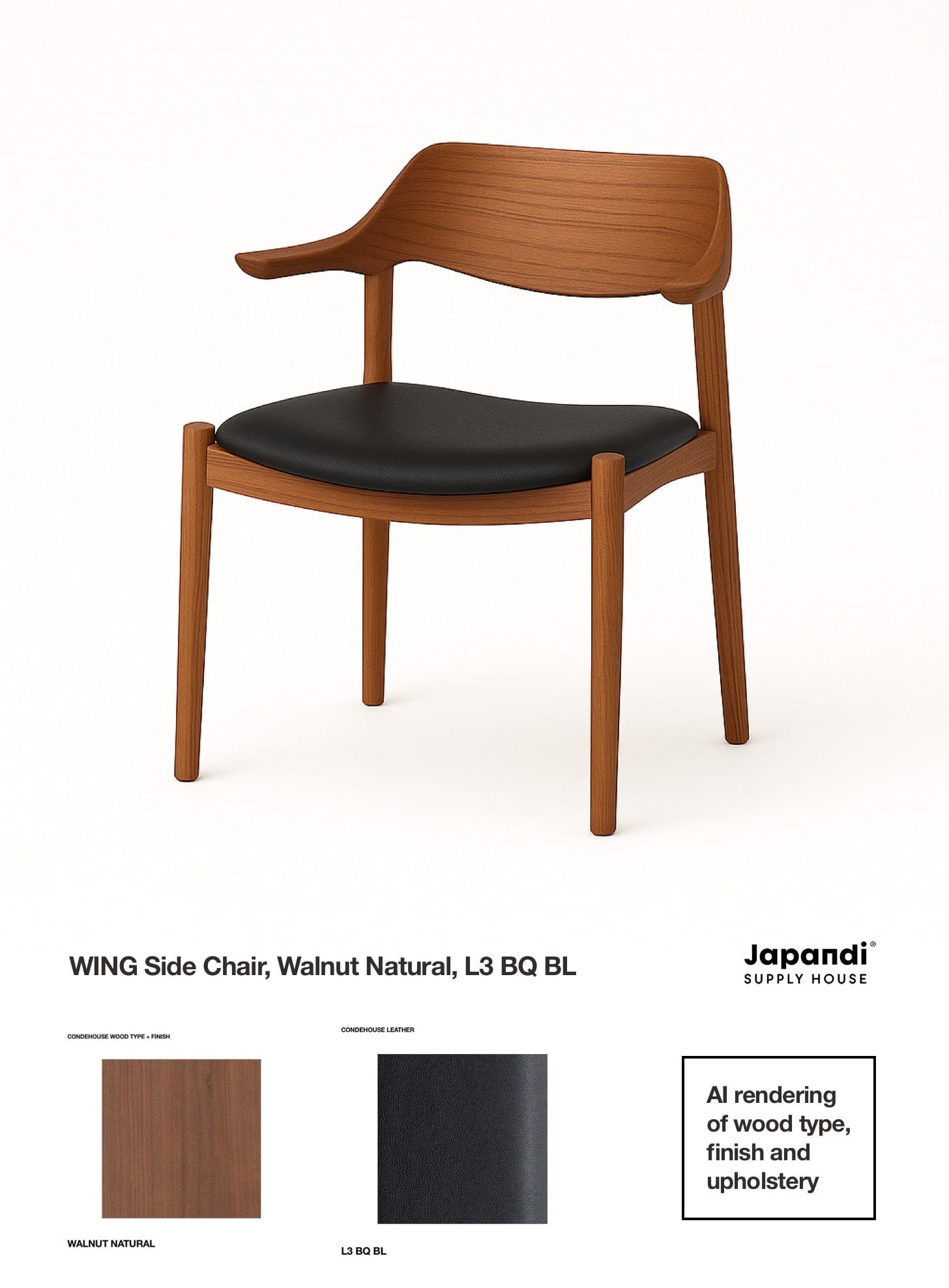 WING Side Chair - Quick Ship Walnut Natural and L3 BQ BL Leather